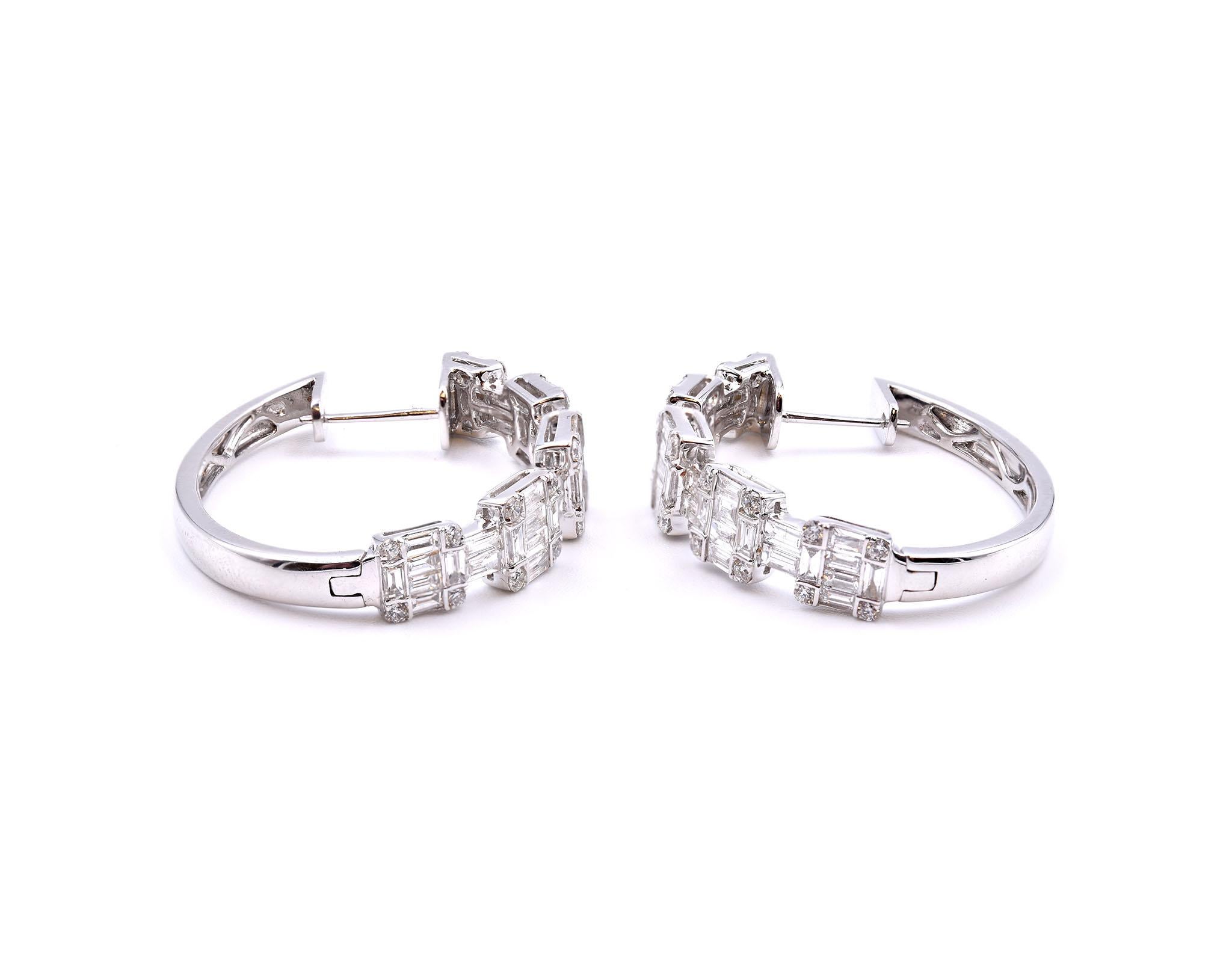 Designer: custom design
Material: 18k white gold
Diamonds: 84 baguette cut = 2.91cttw
Color: G
Clarity: VS
Diamonds: 40 round brilliant cuts = .54cttw
Color: G
Clarity: VS
Dimensions: earrings are 35mm long and 6mm-6.75mm wide
Fastenings: post with