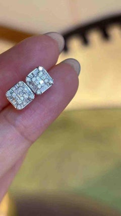 18K White Gold Round and Baguette Diamond Halo Stud Earrings