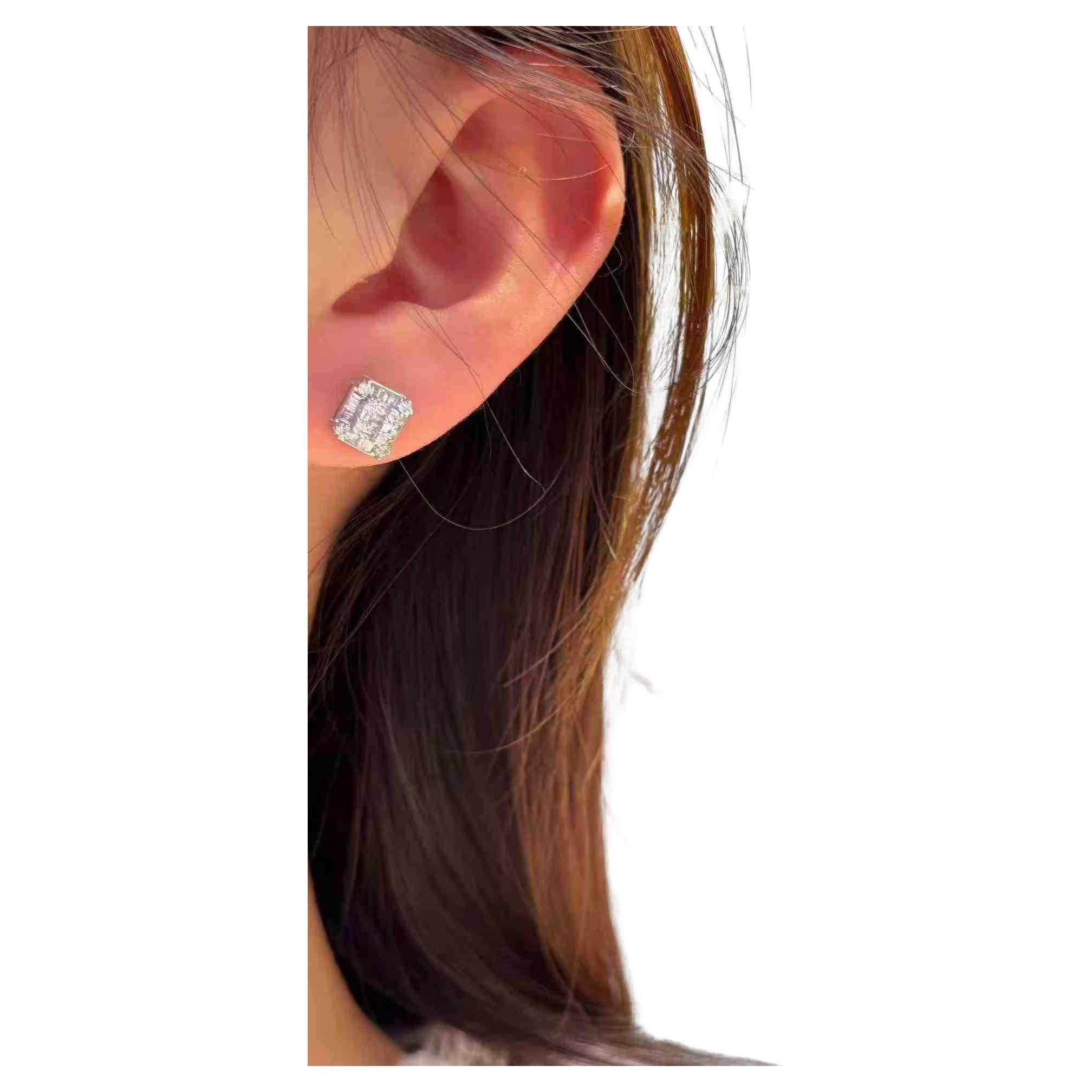 18K White Gold Round and Baguette Diamond Halo Stud Earrings