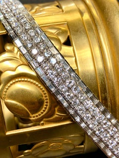 18K White Gold Round Baguette Diamond Wide Heavy Cocktail Line Bracelet 22.40ct