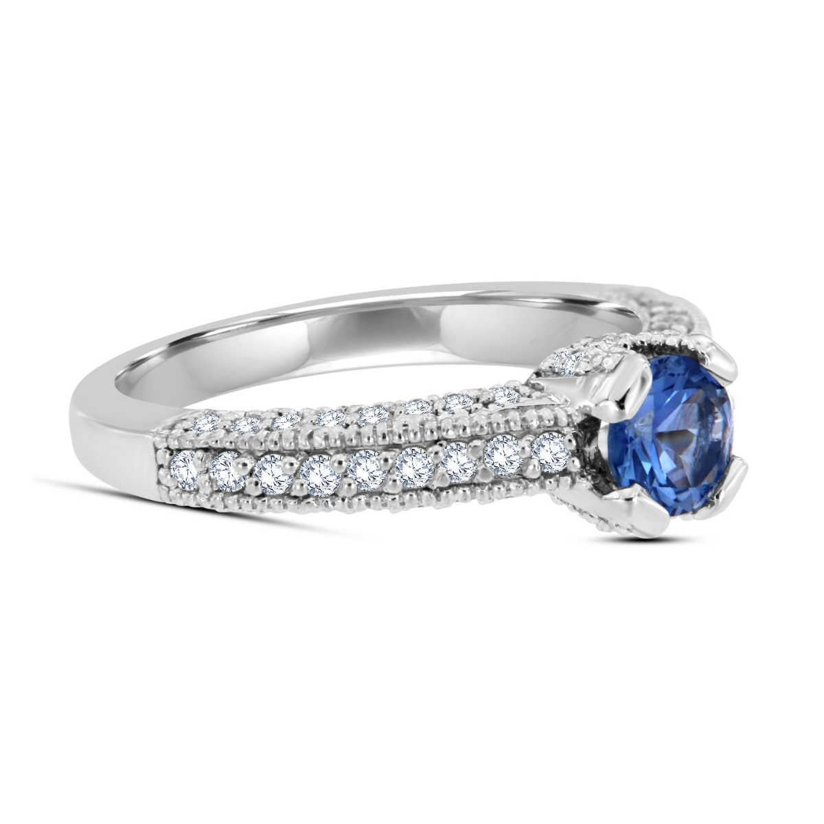 Round Cut 18 Karat White Gold Round Blue Sapphire and Diamond Ring 'Center-0.63 Carat' For Sale