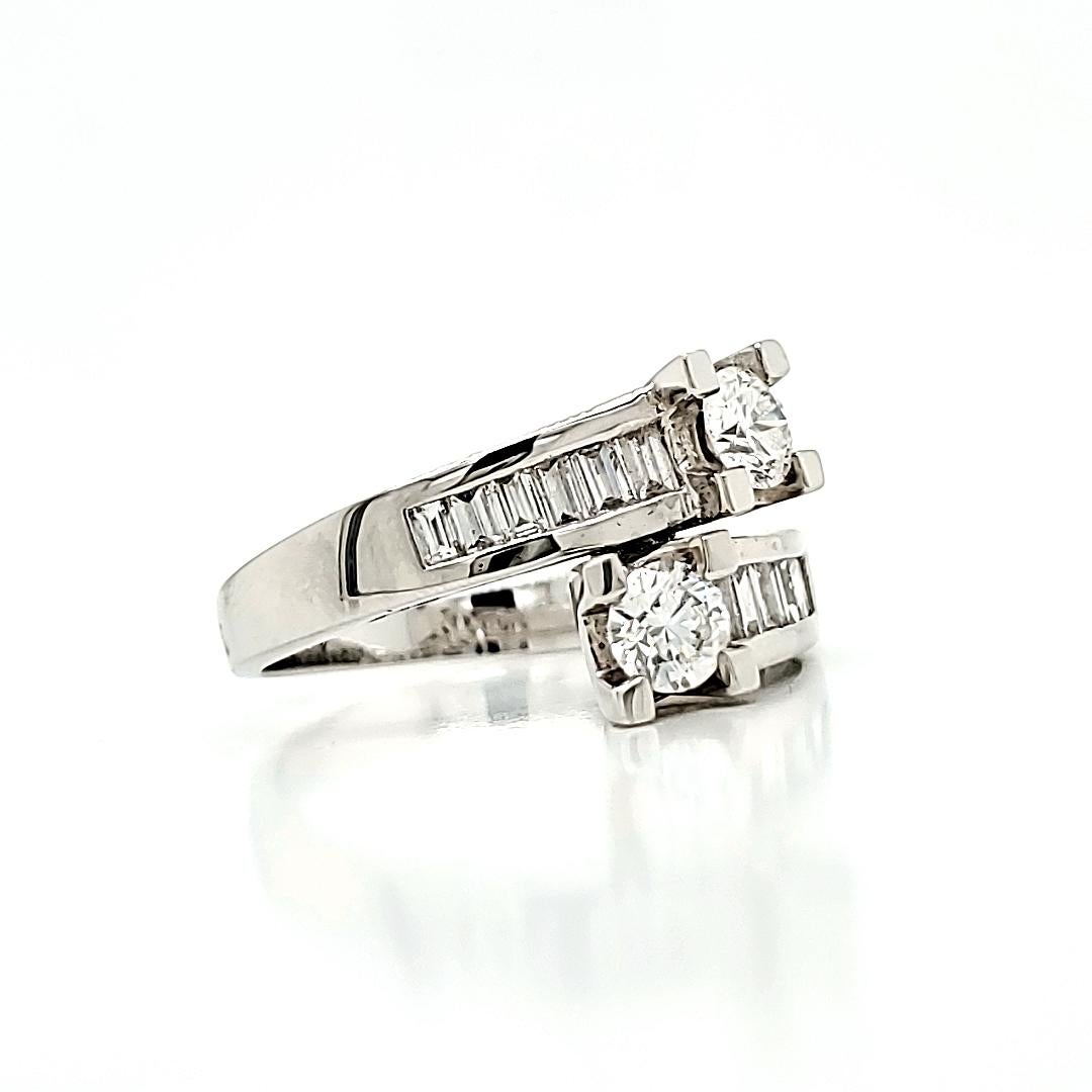 Round Cut 18k White Gold Round Brilliant Cts 0.65 and Baguette Cts 0.54 Diamond Engagement For Sale