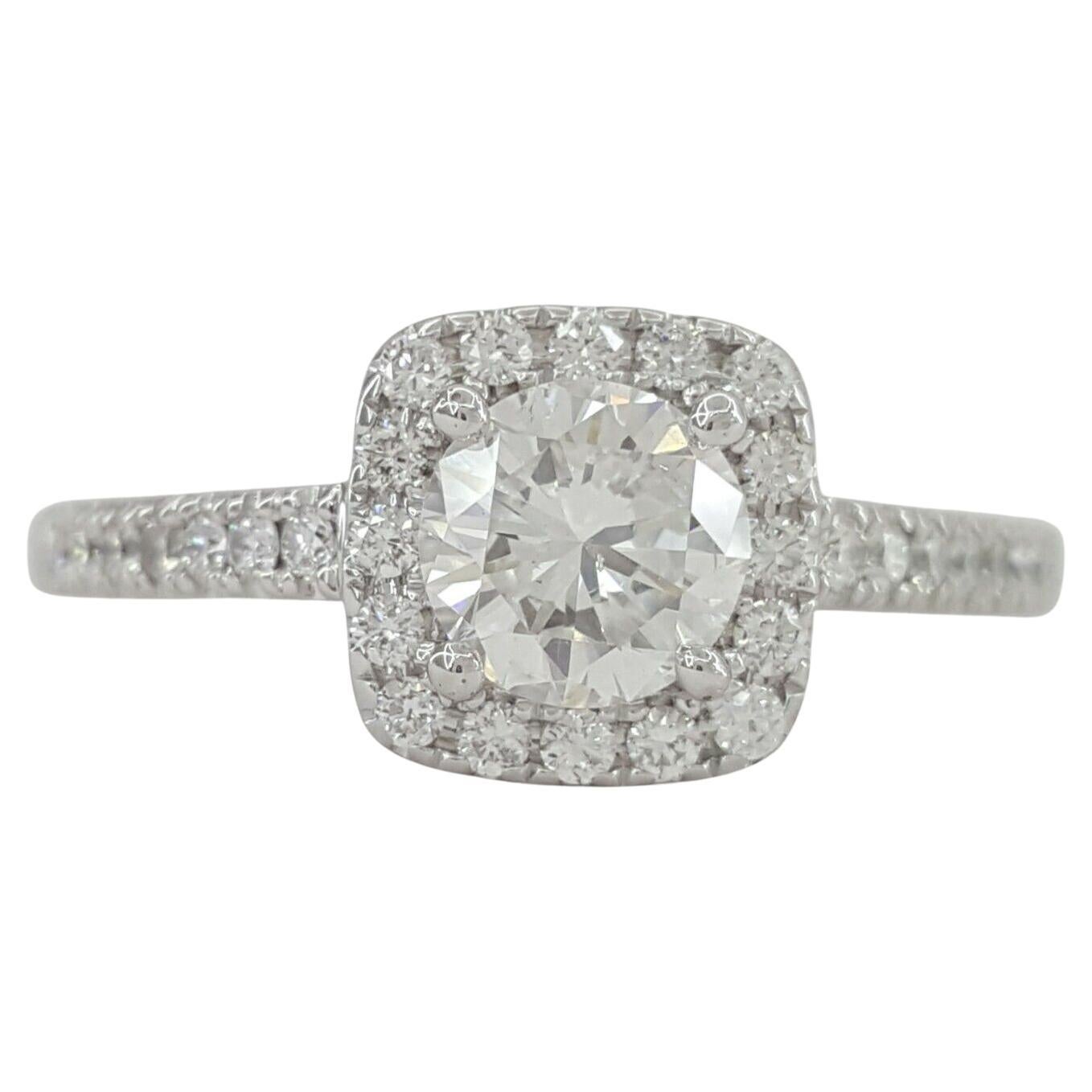 18K White Gold Round Brilliant Cut Diamond Halo Engagement Ring For Sale