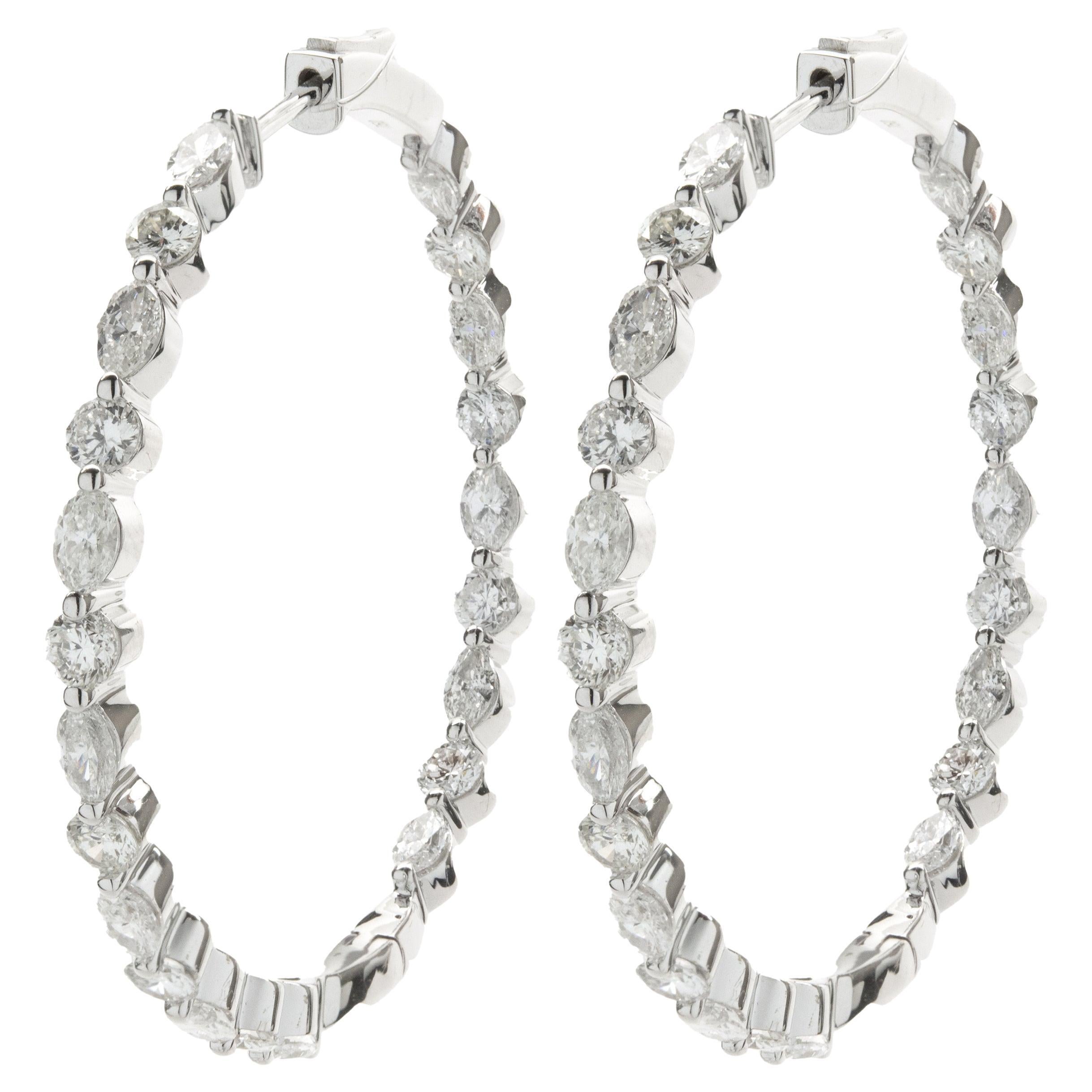 18k White Gold Round Brilliant & Marquise Diamond Inside Outside Hoop Earrings For Sale