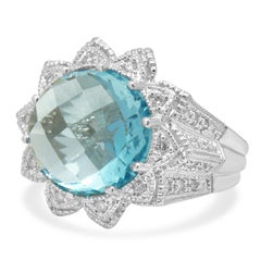 18K White Gold Round Checkerboard Cut Blue Topaz and Diamond Flower Ring