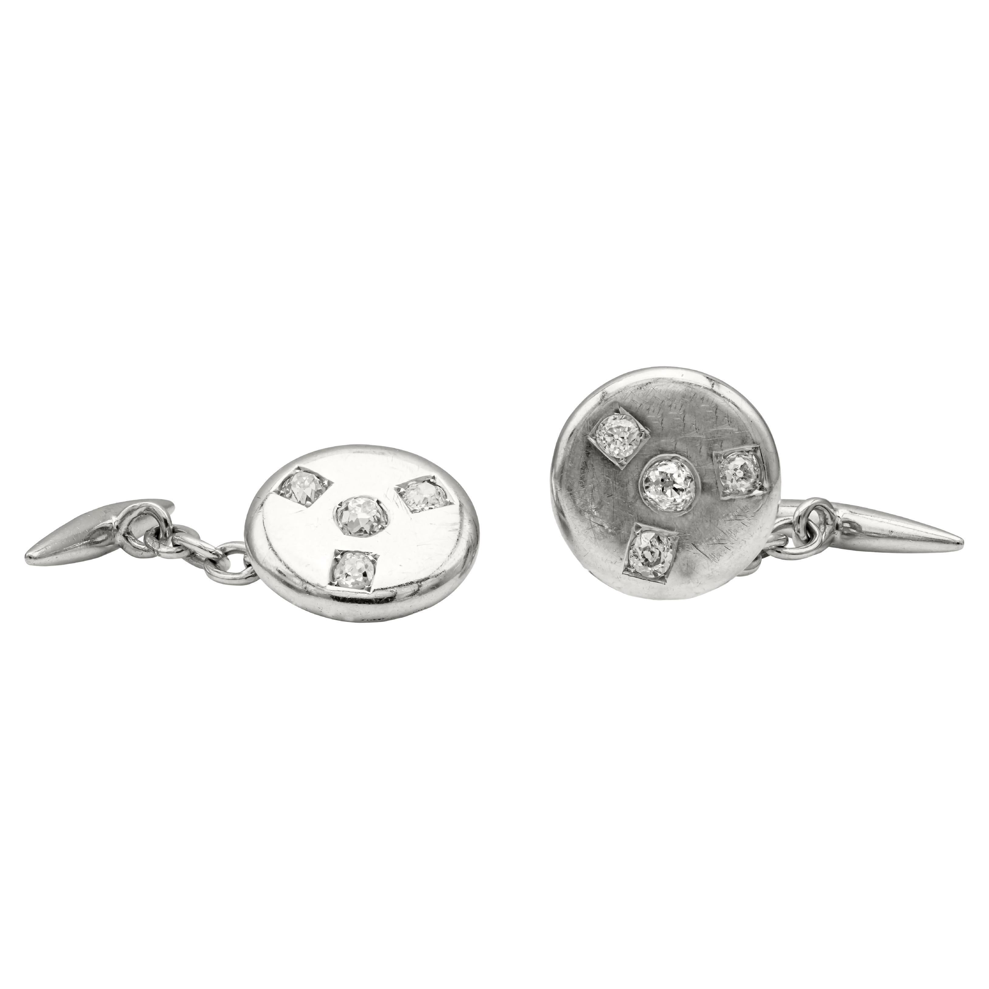 18k White Gold Round Cufflinks with Antique Old European Cut Diamond In Good Condition For Sale In New York, NY