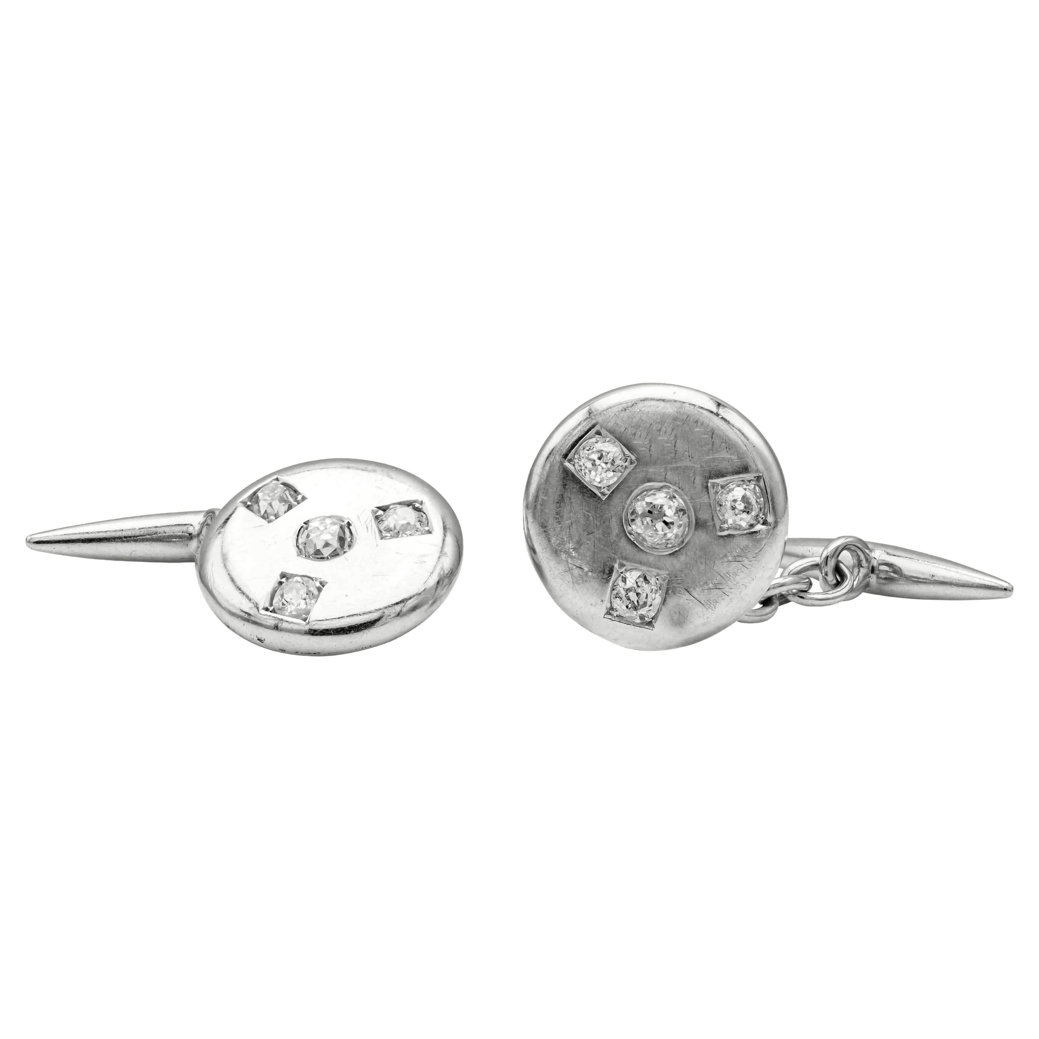 18K White Gold Round Cufflinks with Antique Old European Cut Diamonds For Sale