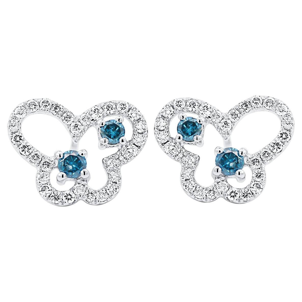 18K White Gold Round Cut Blue and White Diamond Butterfly Outline Stud Earrings For Sale
