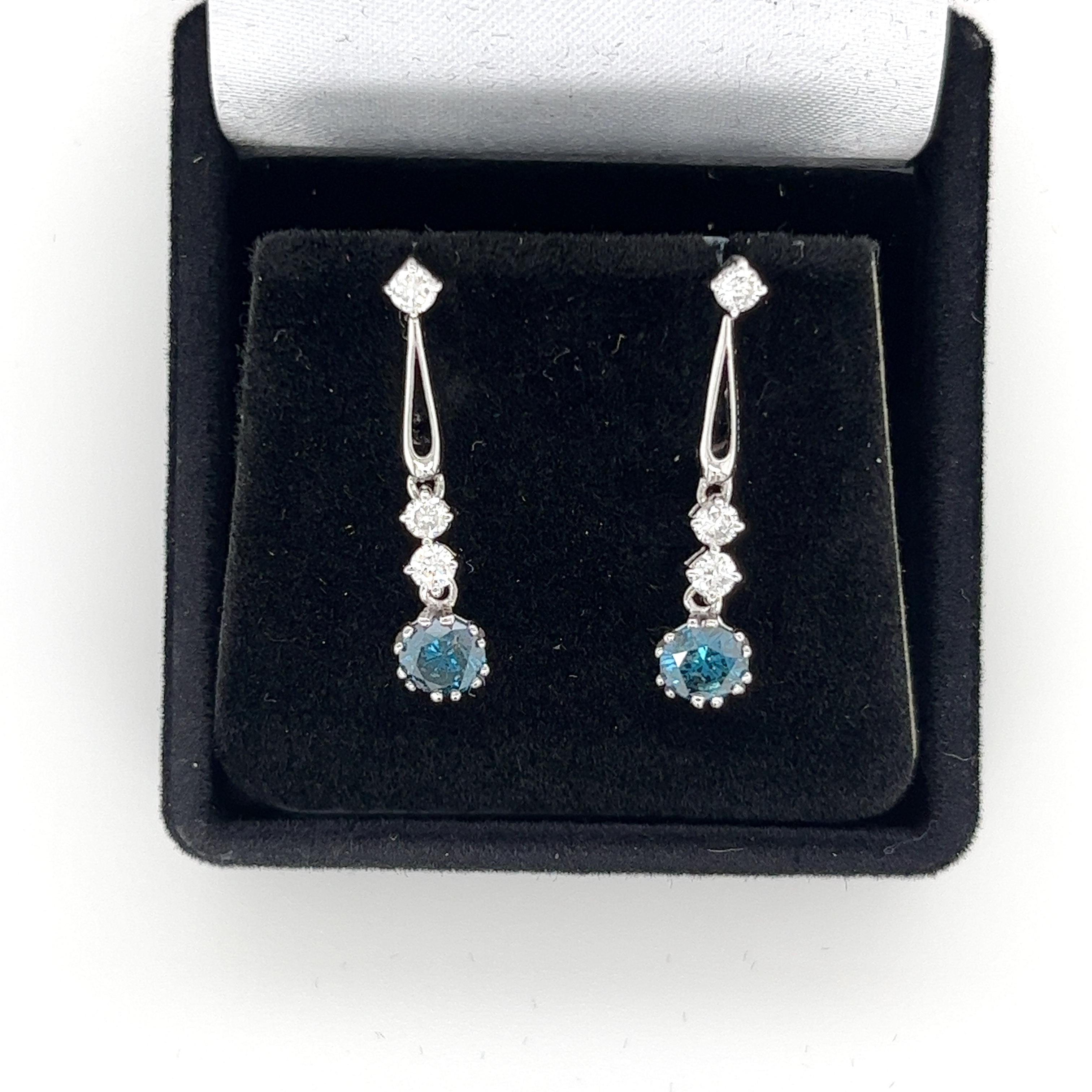 18K White Gold Round Cut Natural Blue Diamond Drop Earrings In New Condition For Sale In Miami, FL