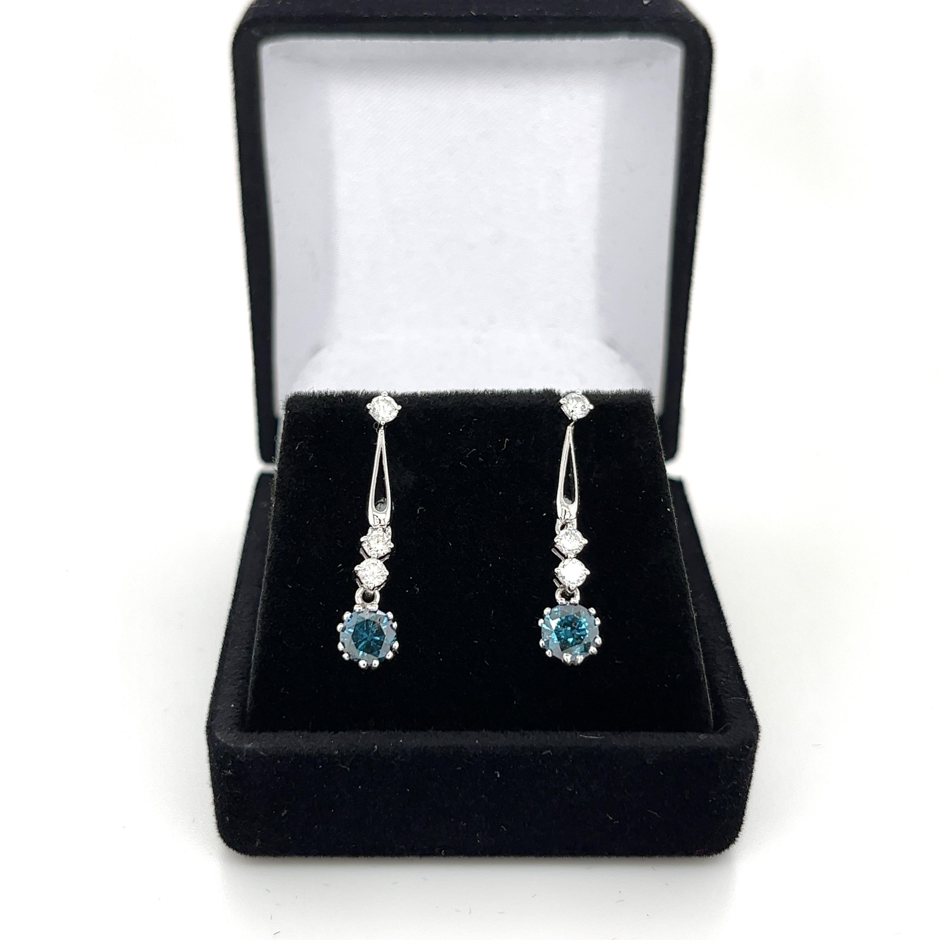 Women's 18K White Gold Round Cut Natural Blue Diamond Drop Earrings For Sale