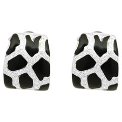 18K White Gold Round Diamond and Black Enamel Animal Print Earrings