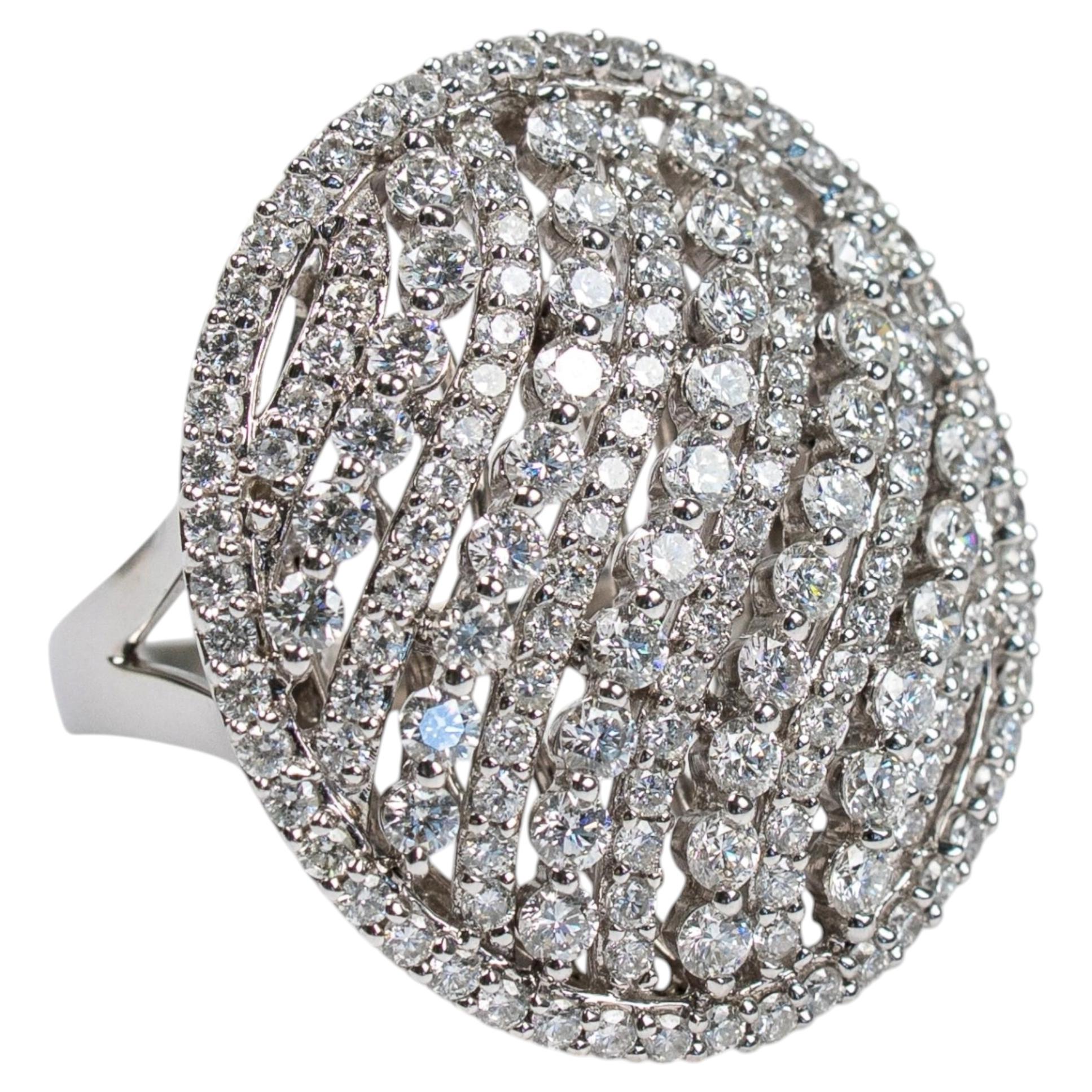 18k White Gold Round Diamond Cluster Openwork Wave Statement Cocktail Ring For Sale