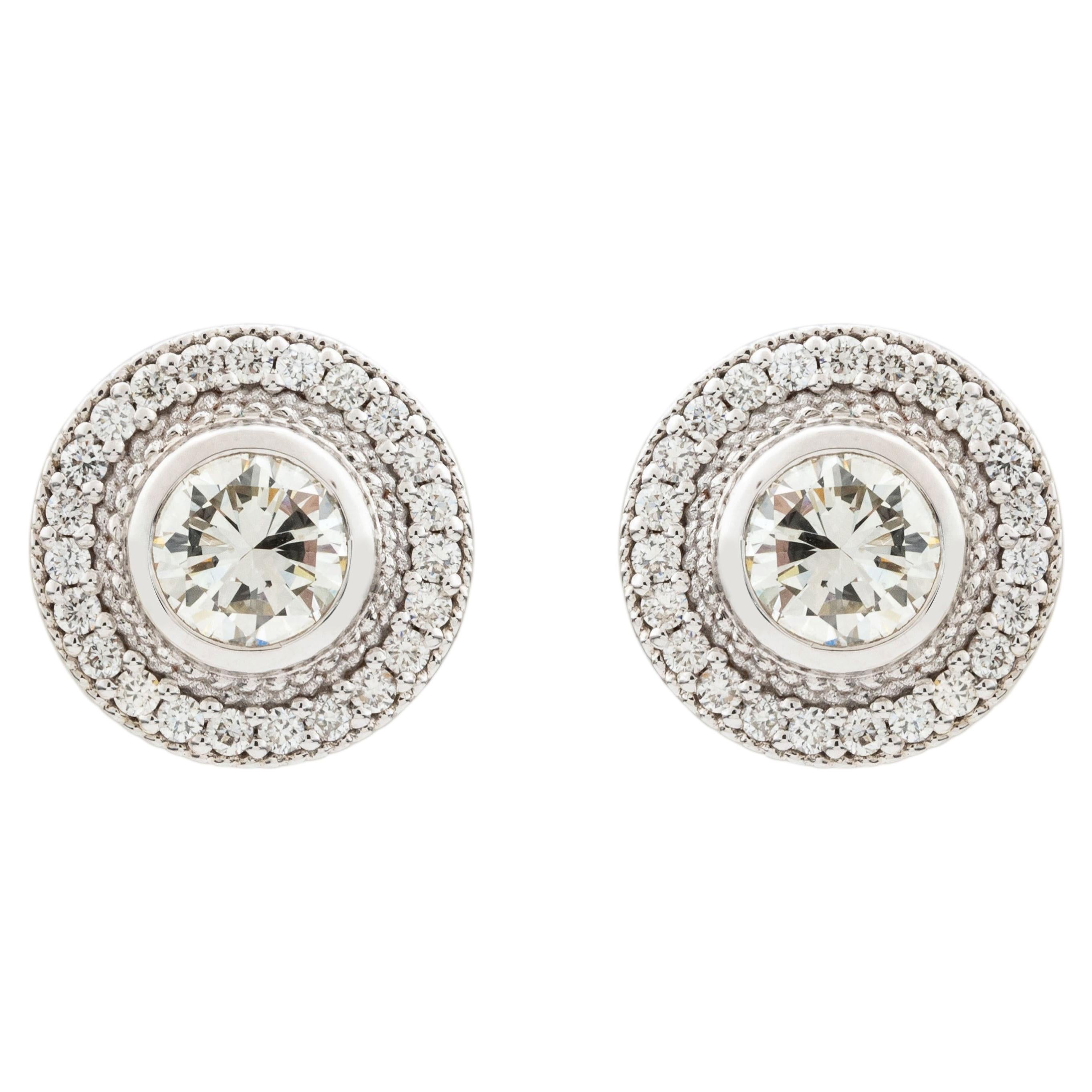 18K White Gold Round Diamond Halo Stud Earrings 1.76 CT, Estate-Inspired Jewelry For Sale