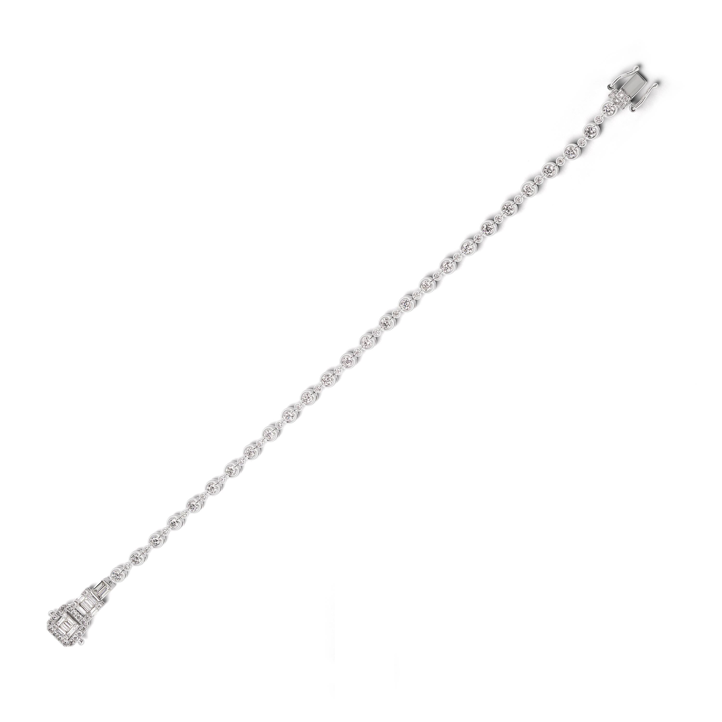 The perfect classic addition to your jewellery wardrobe. This station bracelet is featured with 14 baguette diamonds and 80 bezel set round diamonds. Double latch safety, box clasp 18K white gold station bracelet.

JEWELRY SPECIFICATION:
Total Metal