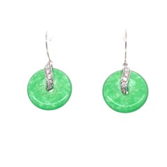 18K White Gold Round Jade and Cts 0.16 Drop Earrings