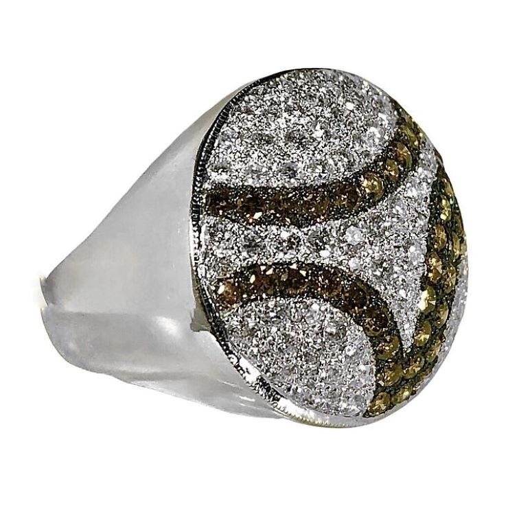 18K White Gold Round Modernist Ring with White and Brown Diamonds 1