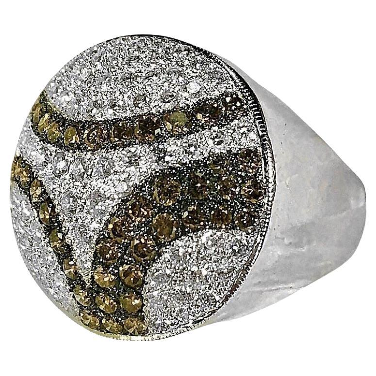 18K White Gold Round Modernist Ring with White and Brown Diamonds