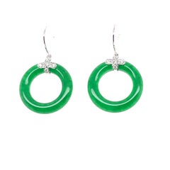 18K White Gold Round Myanmar Jade and Diamond Drop Earrings