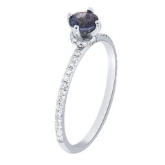 18K White Gold Round O.51 Carat Blue Sapphire Hidden Halo Diamond Ring