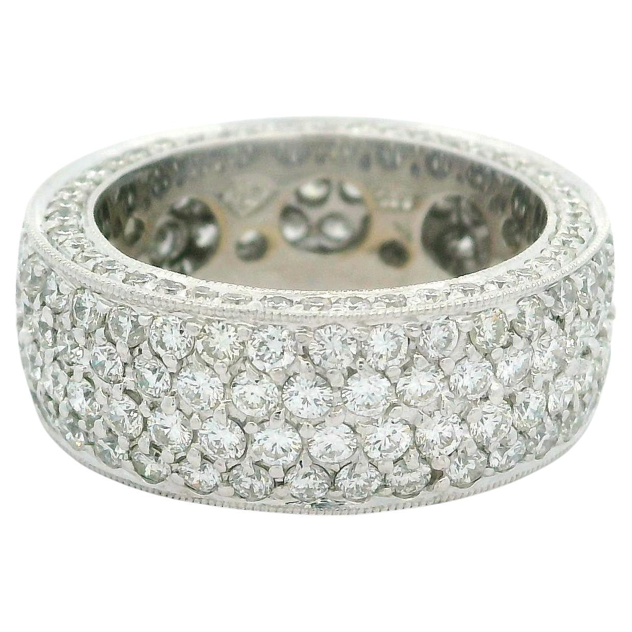 18k White Gold Round Pave 4.0ctw Diamond 7.7mm Wide Eternity Band Ring sz 5.5