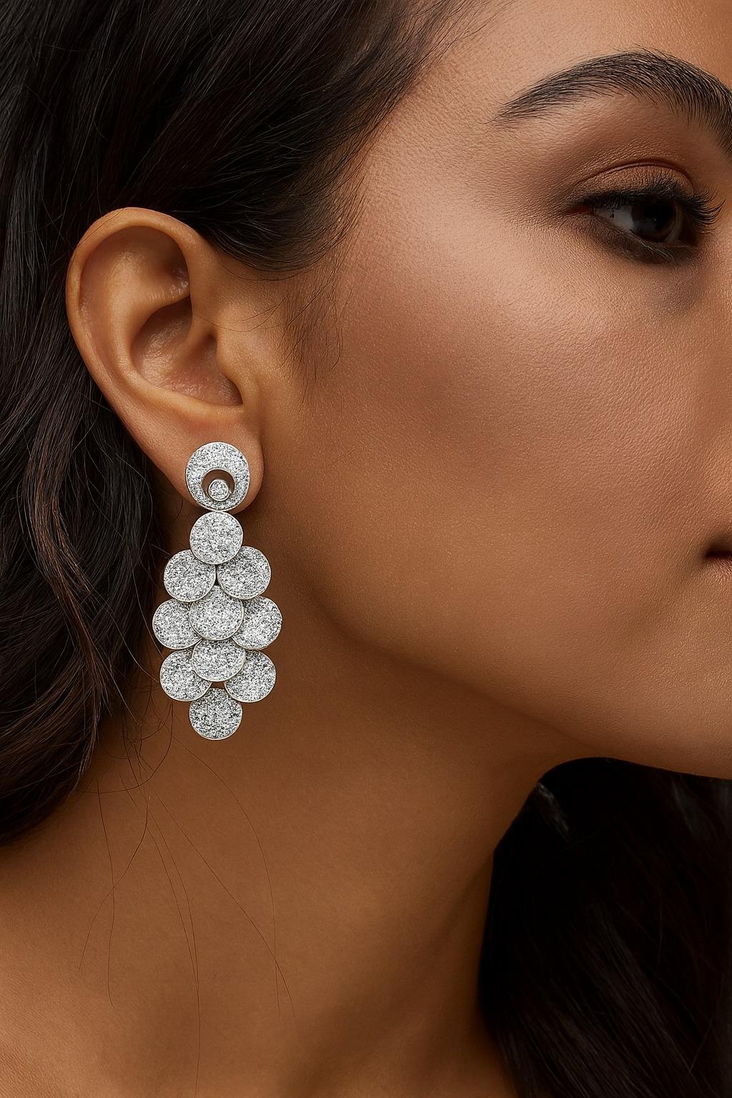 Round Cut 18K White Gold Round Pave Diamond Circle Chandelier Earrings For Sale