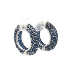 18k White Gold Round Pave Royal Blue Sapphire Domed Hoop Huggie Earrings