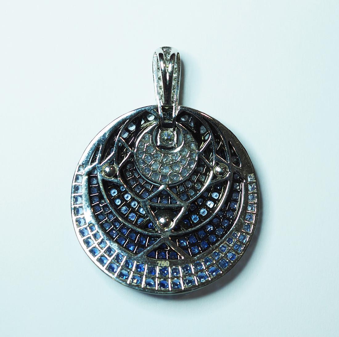 Modern 18 Karat White Gold Round Sapphire and Diamond Pendant Necklace