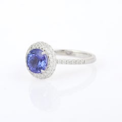Classic 18k Solid White Gold Round Cut Tanzanite Diamond Halo Ring