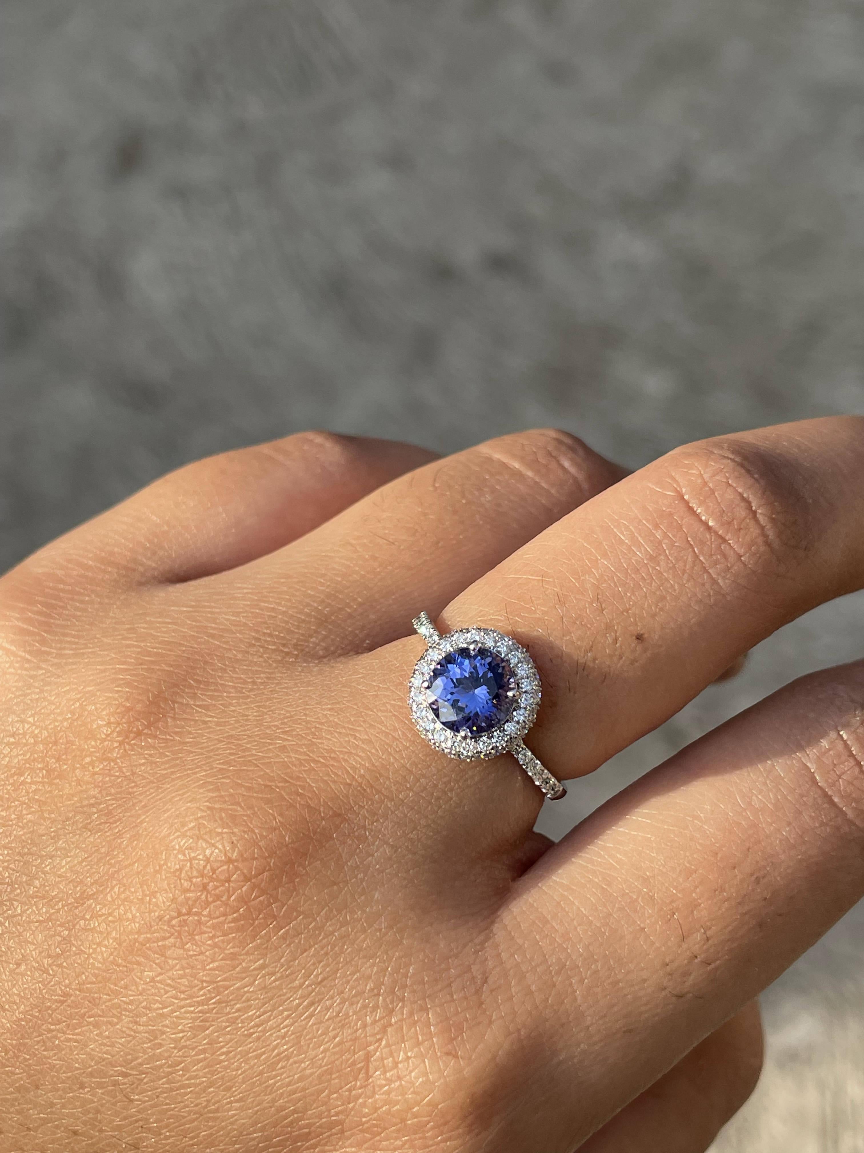 For Sale:  Classic 18k Solid White Gold Round Cut Tanzanite Diamond Halo Ring 6