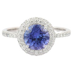 Classic Bague Halo en or blanc massif 18 carats Tanzanite diamantée taille ronde