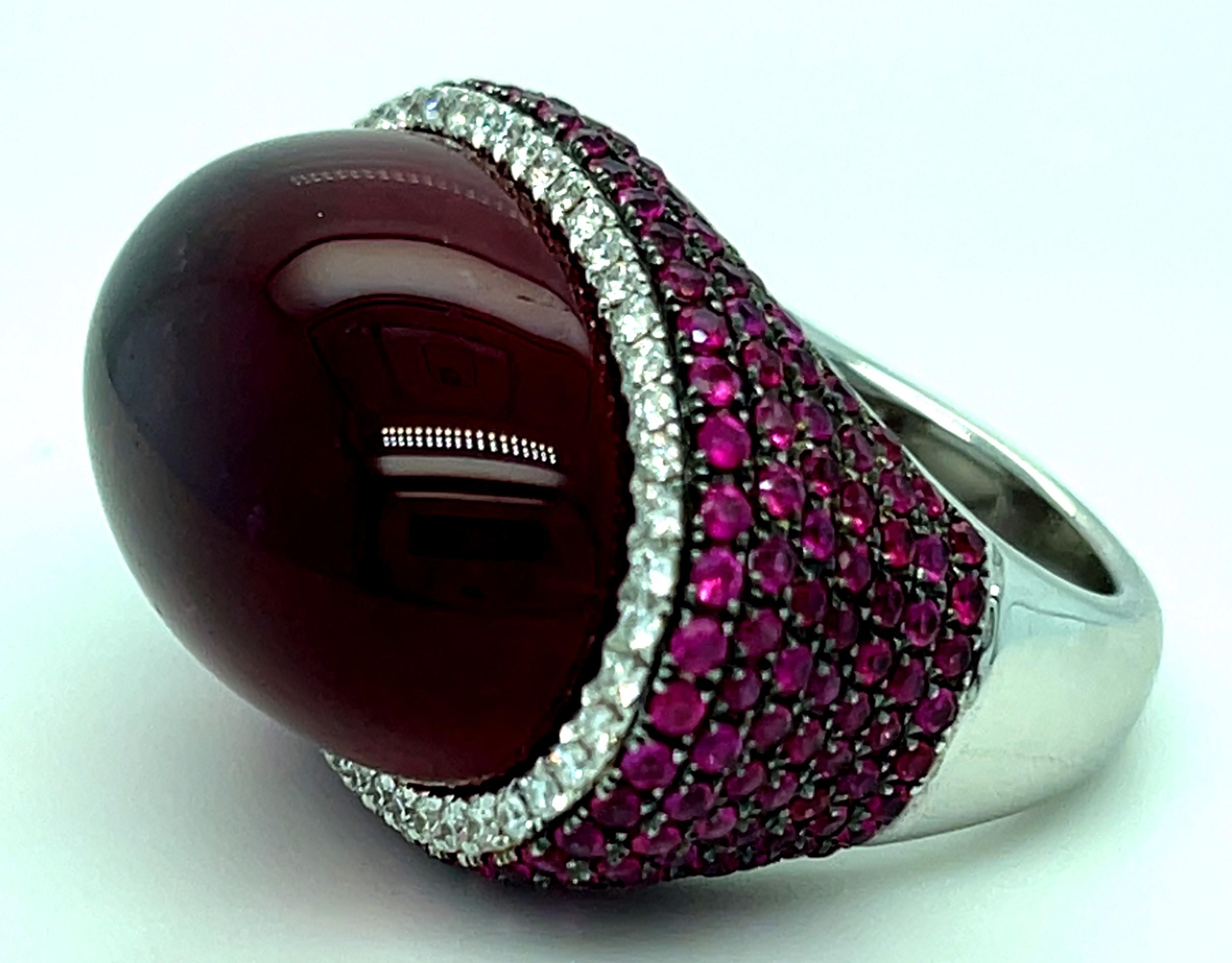 18k White Gold Rubellite Cabochon Ring with Diamond Bezel and Ruby Accents Sz 7 For Sale 5