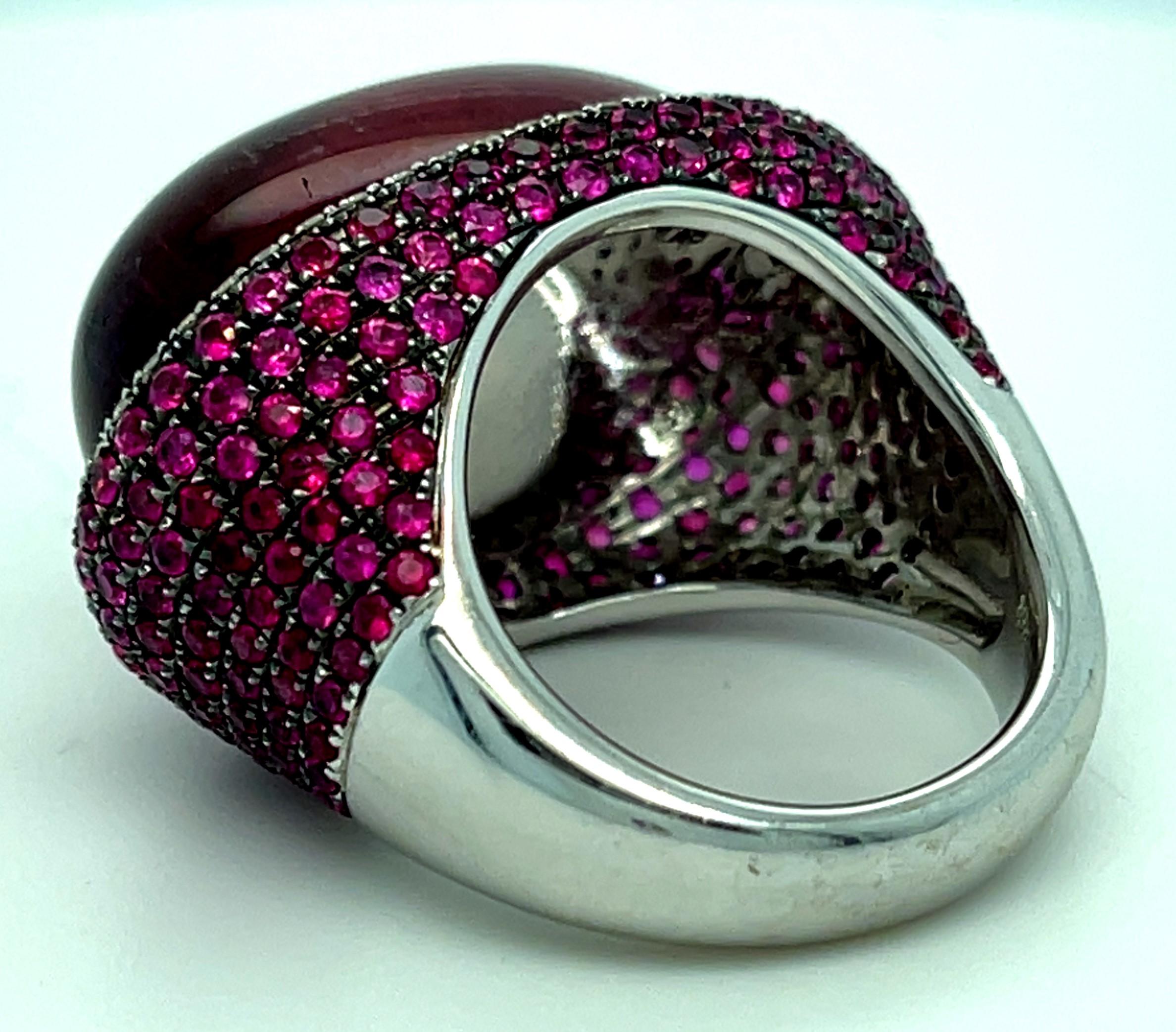 18k White Gold Rubellite Cabochon Ring with Diamond Bezel and Ruby Accents Sz 7 For Sale 6