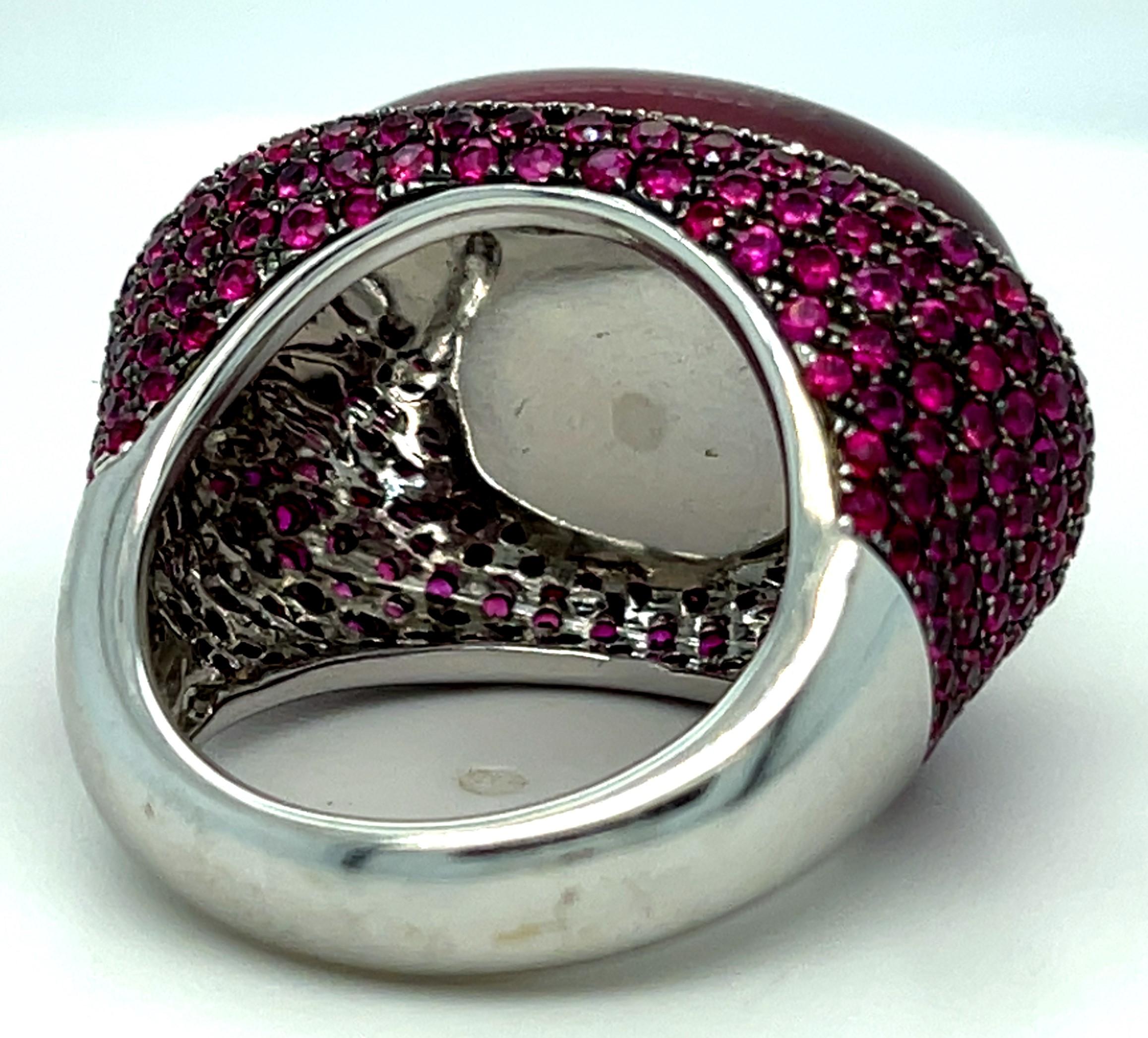 18k White Gold Rubellite Cabochon Ring with Diamond Bezel and Ruby Accents Sz 7 For Sale 7