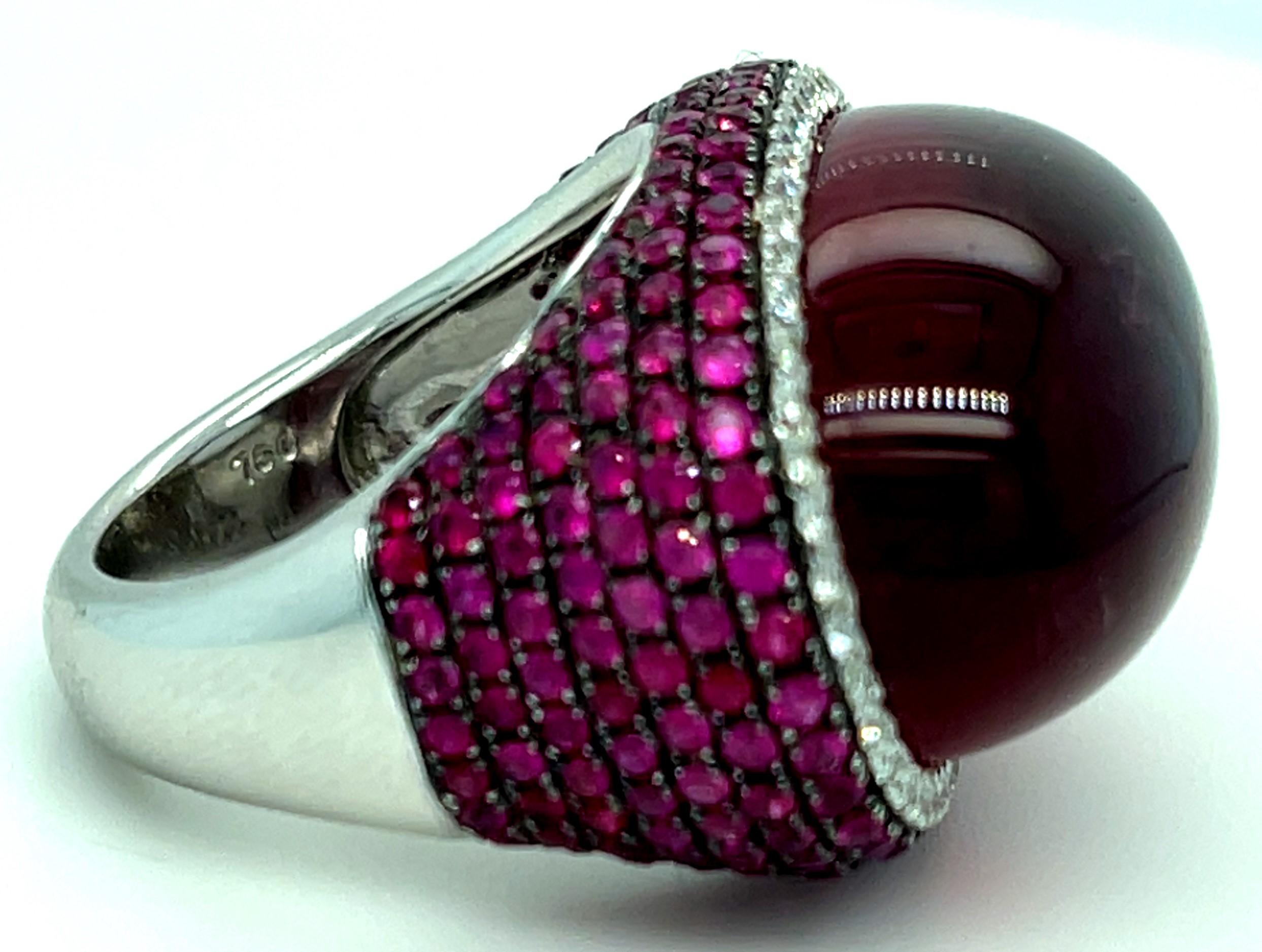 18k White Gold Rubellite Cabochon Ring with Diamond Bezel and Ruby Accents Sz 7 For Sale 8