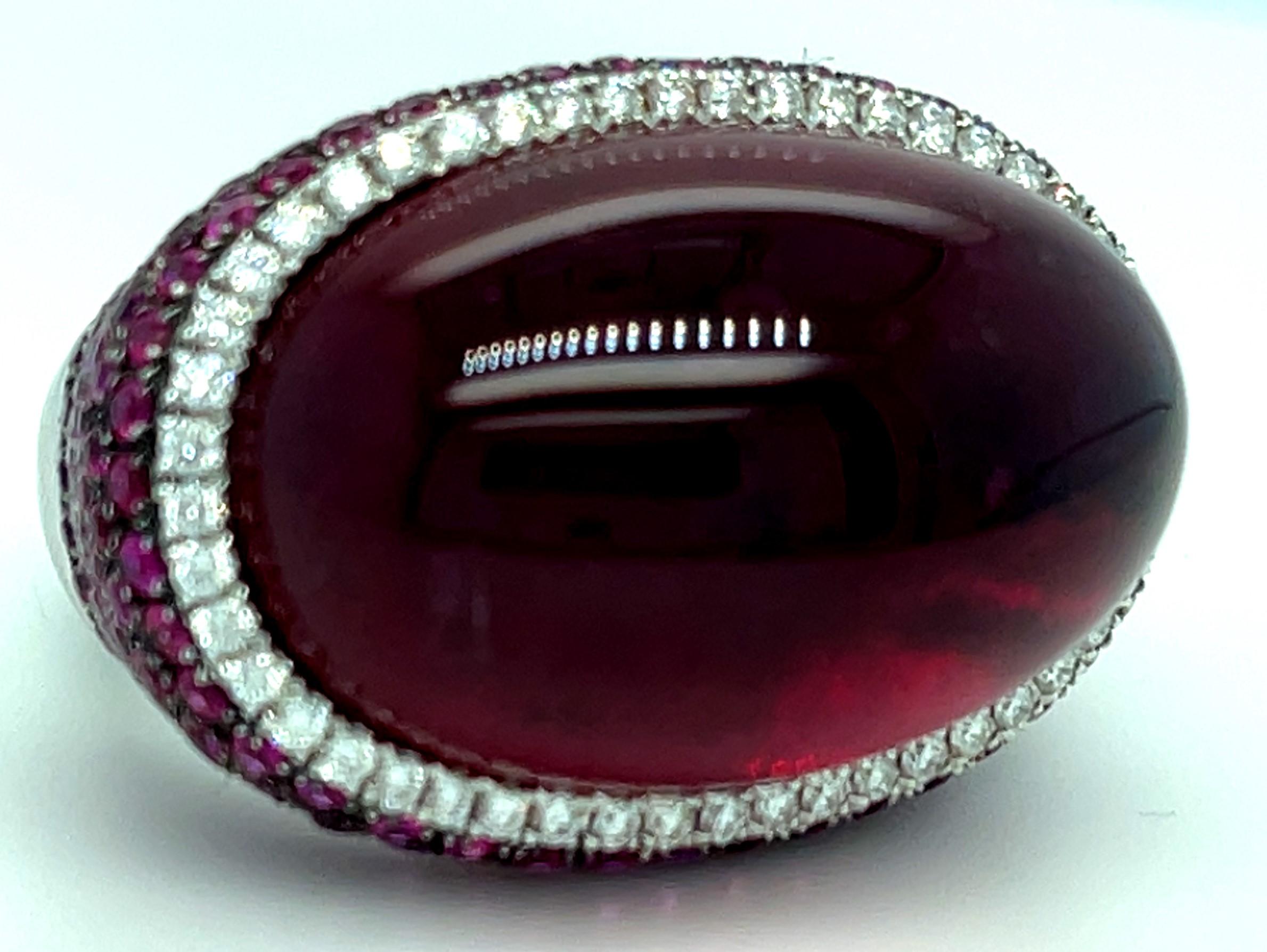 18k White Gold Rubellite Cabochon Ring with Diamond Bezel and Ruby Accents Sz 7 For Sale 9