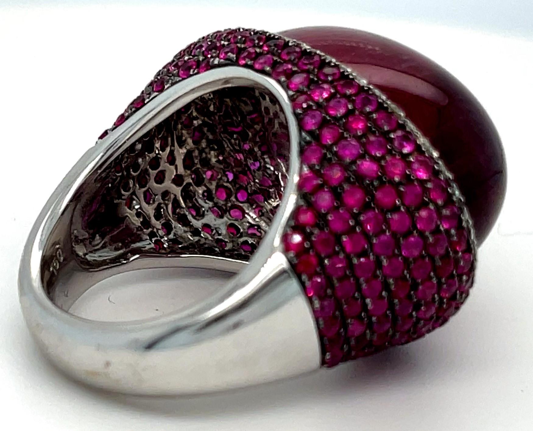 18k White Gold Rubellite Cabochon Ring with Diamond Bezel and Ruby Accents Sz 7 For Sale 10