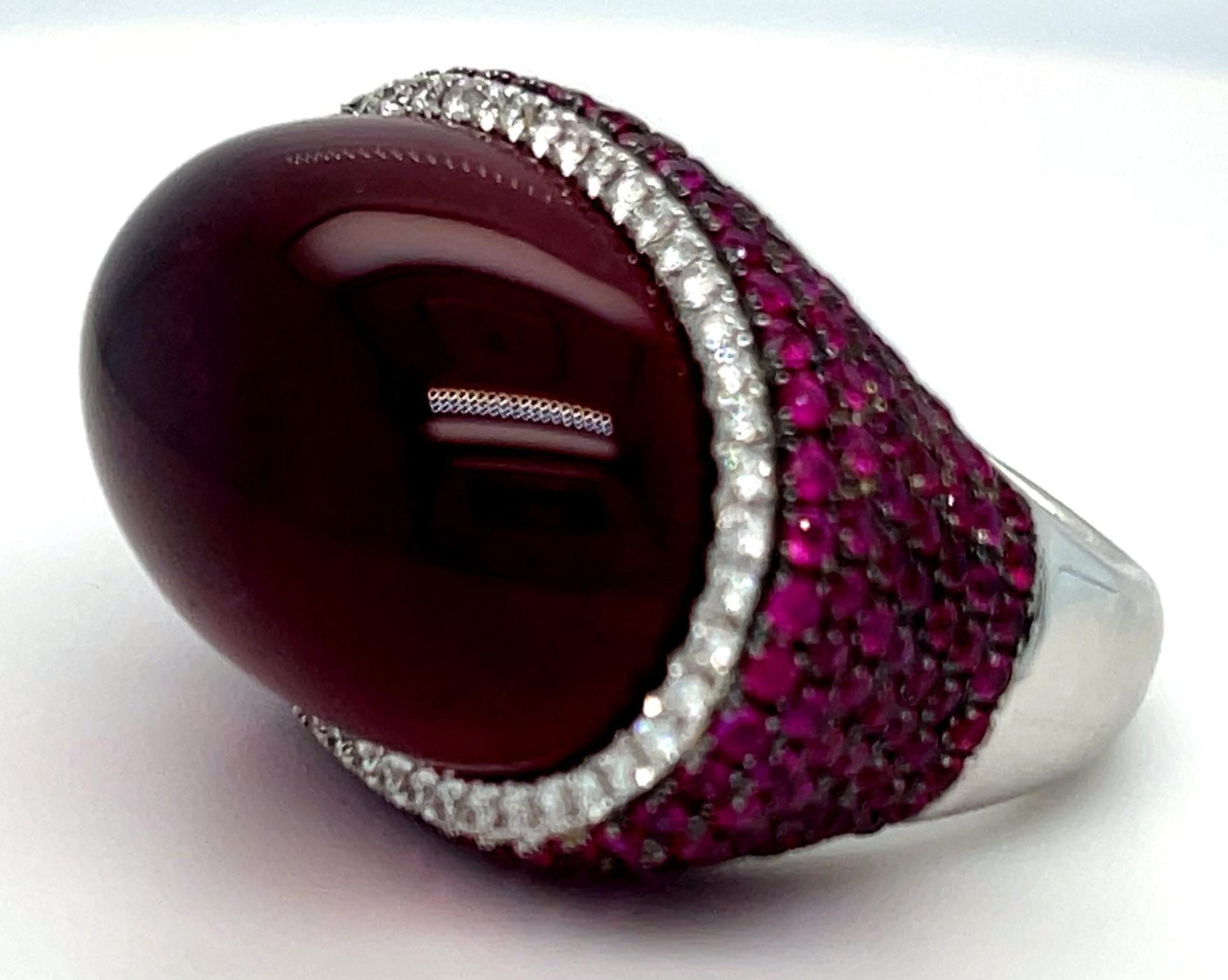 18k White Gold Rubellite Cabochon Ring with Diamond Bezel and Ruby Accents Sz 7 For Sale 12