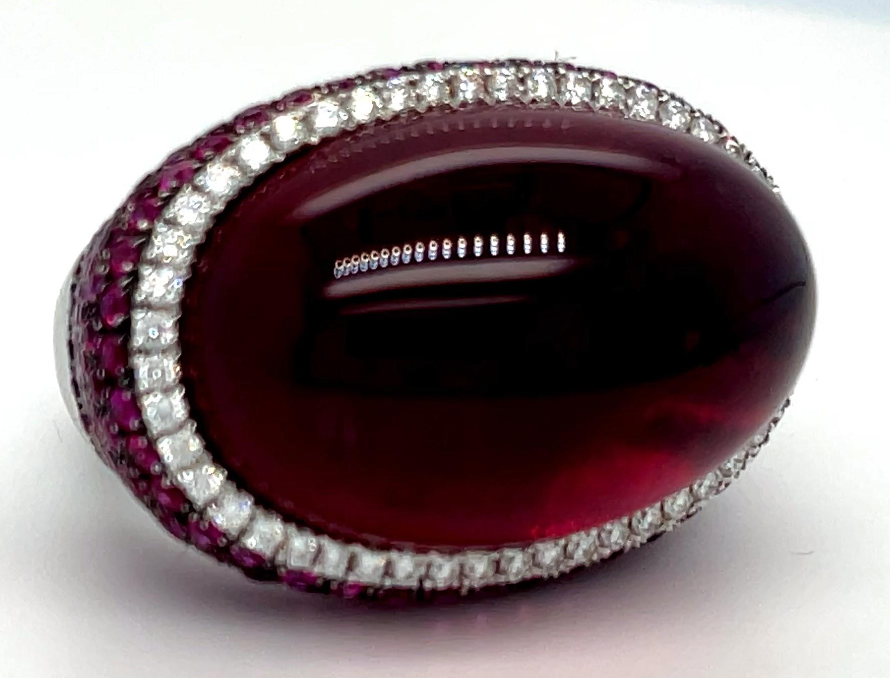 18k White Gold Rubellite Cabochon Ring with Diamond Bezel and Ruby Accents Sz 7 For Sale 13