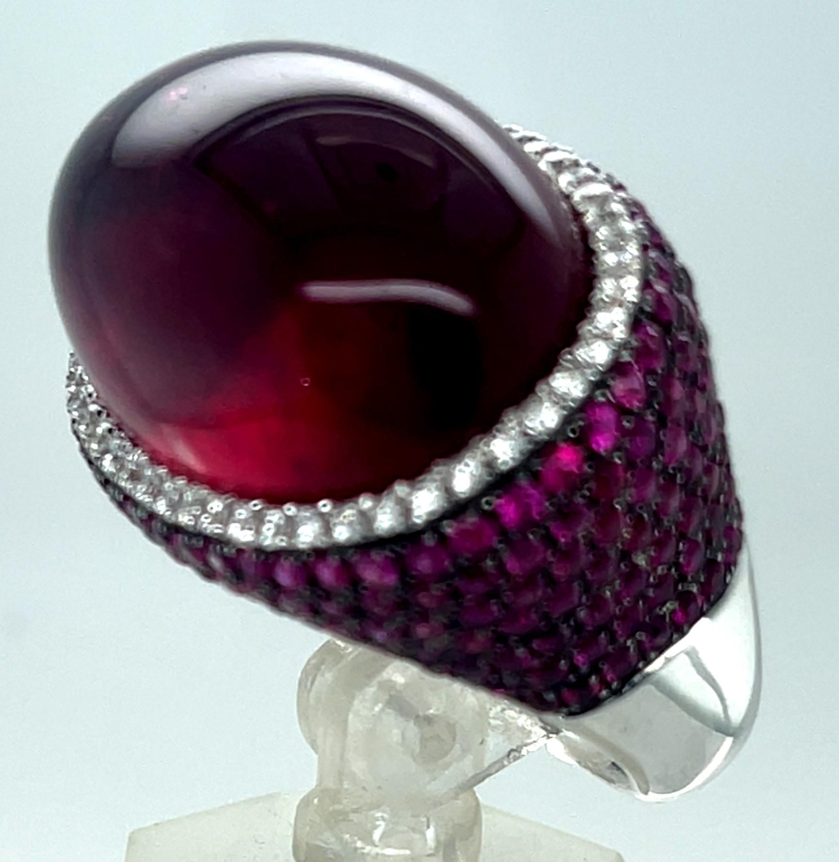 Modern 18k White Gold Rubellite Cabochon Ring with Diamond Bezel and Ruby Accents Sz 7 For Sale