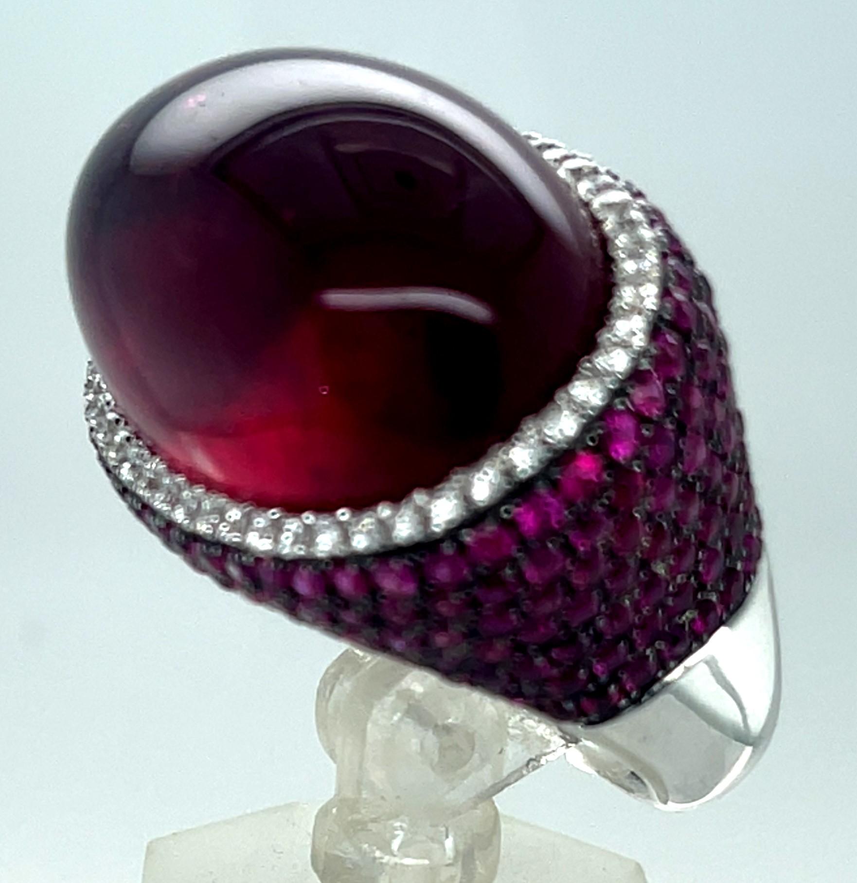 Women's or Men's 18k White Gold Rubellite Cabochon Ring with Diamond Bezel and Ruby Accents Sz 7 For Sale