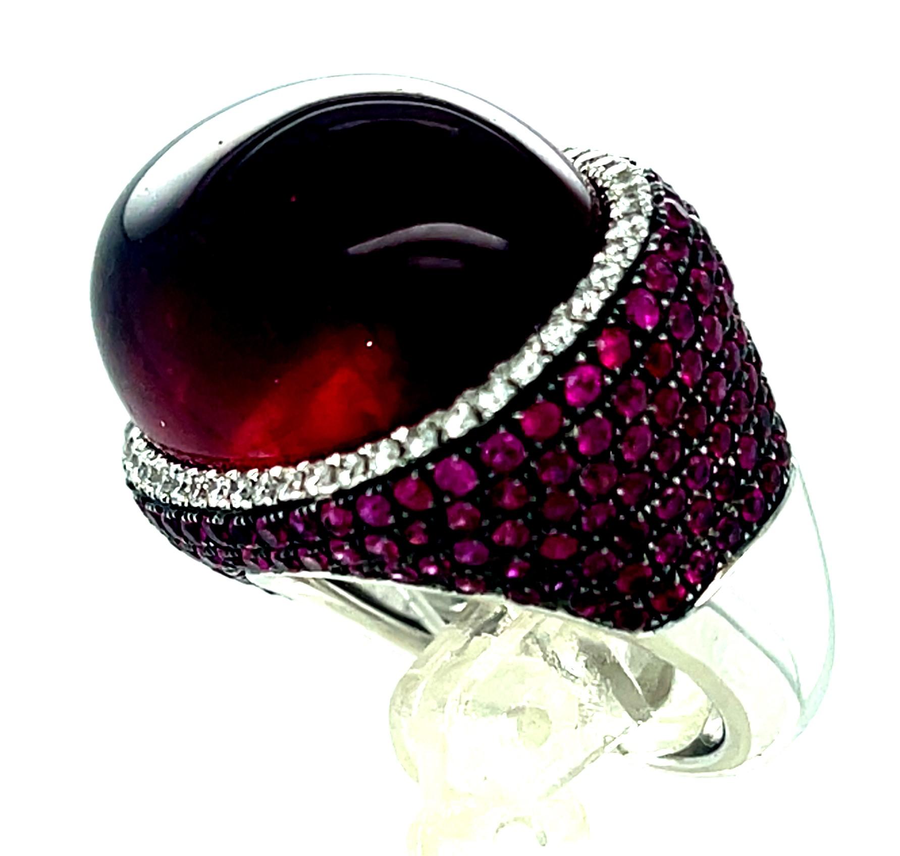 18k White Gold Rubellite Cabochon Ring with Diamond Bezel and Ruby Accents Sz 7 For Sale 1