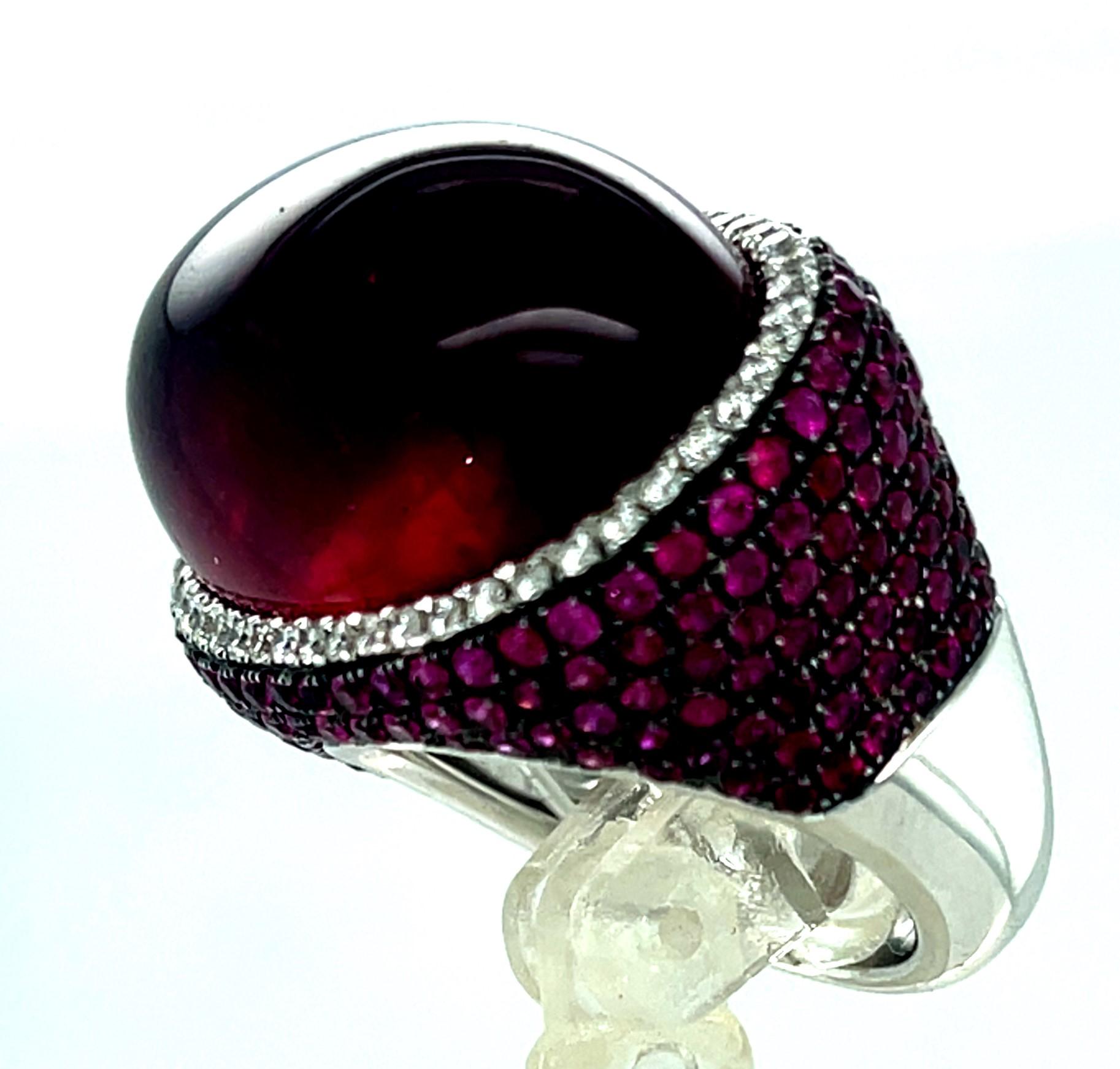 18k White Gold Rubellite Cabochon Ring with Diamond Bezel and Ruby Accents Sz 7 For Sale 2
