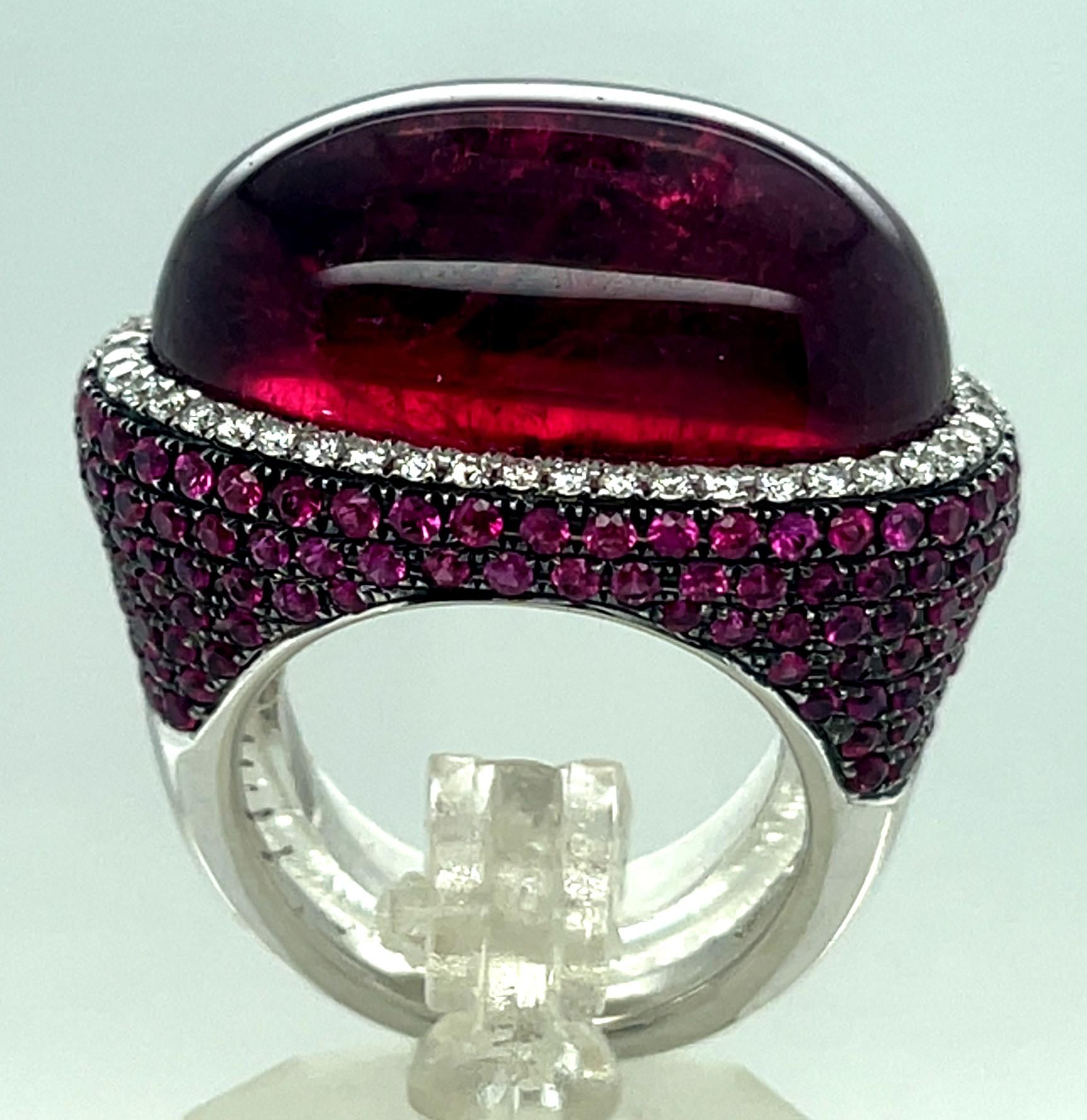 18k White Gold Rubellite Cabochon Ring with Diamond Bezel and Ruby Accents Sz 7 For Sale 3