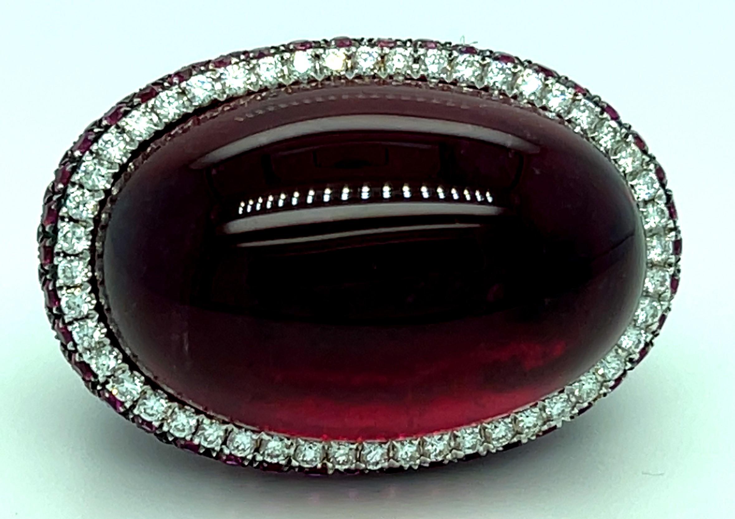 18k White Gold Rubellite Cabochon Ring with Diamond Bezel and Ruby Accents Sz 7 For Sale 4