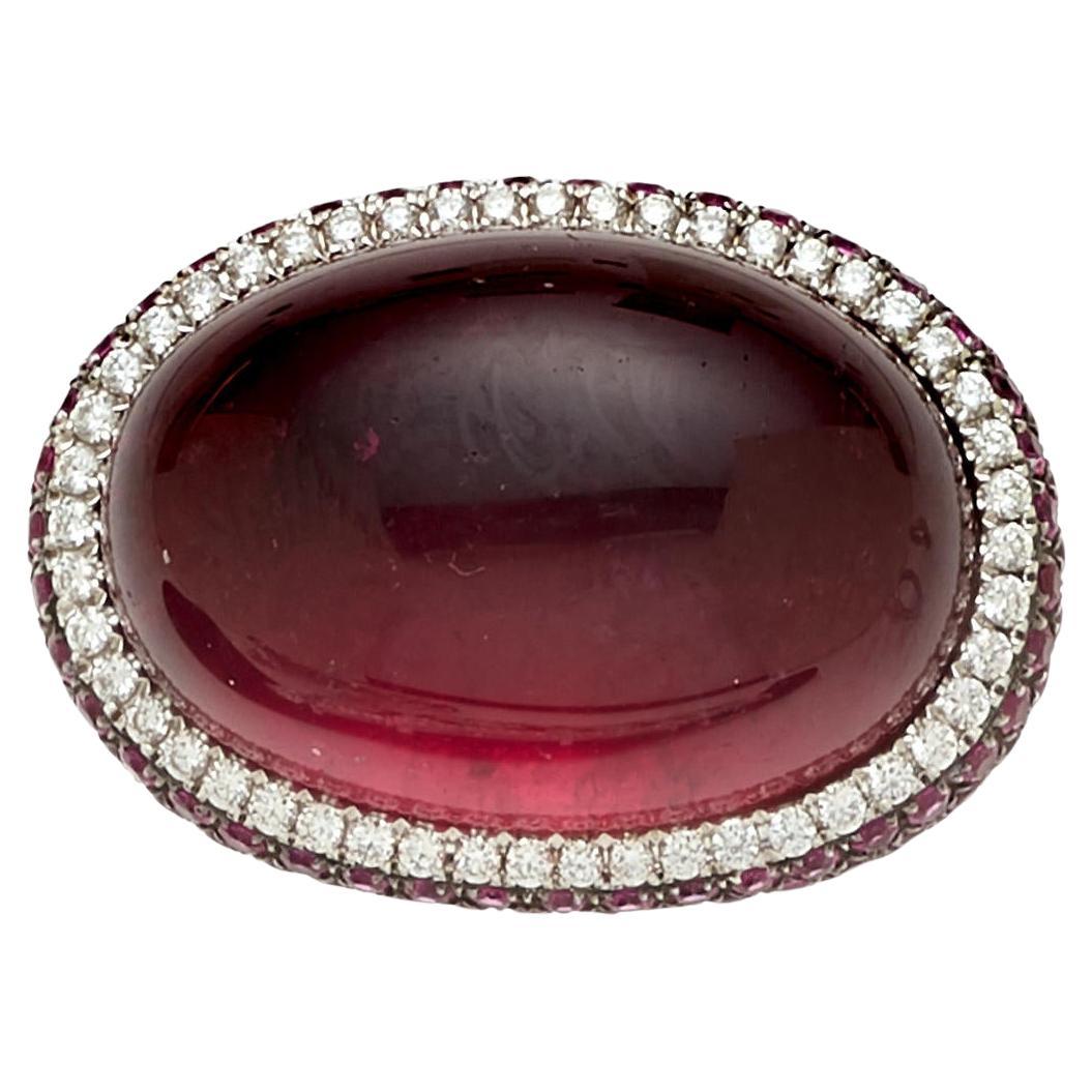 18k White Gold Rubellite Cabochon Ring with Diamond Bezel and Ruby Accents Sz 7 For Sale