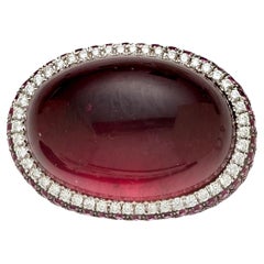 18k White Gold Rubellite Cabochon Ring with Diamond Bezel and Ruby Accents Sz 7