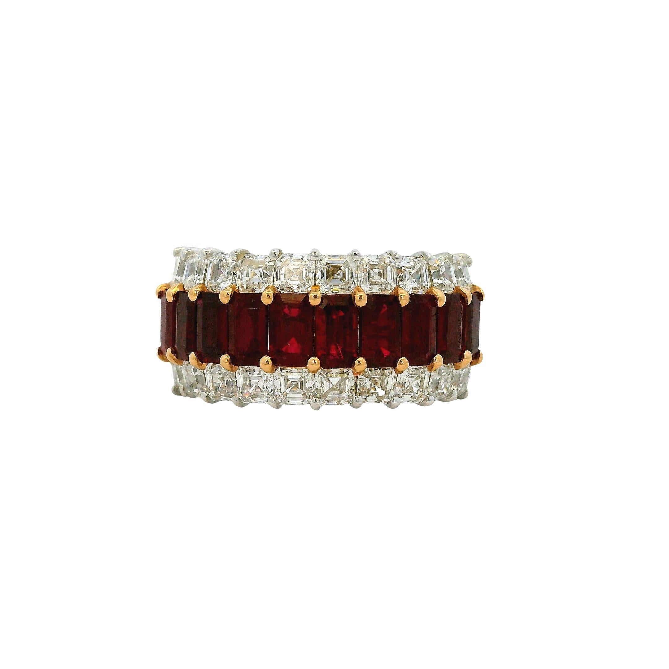 18k Weißgold Rubin & Diamant Dreireihiger breiter Ring (Moderne) im Angebot