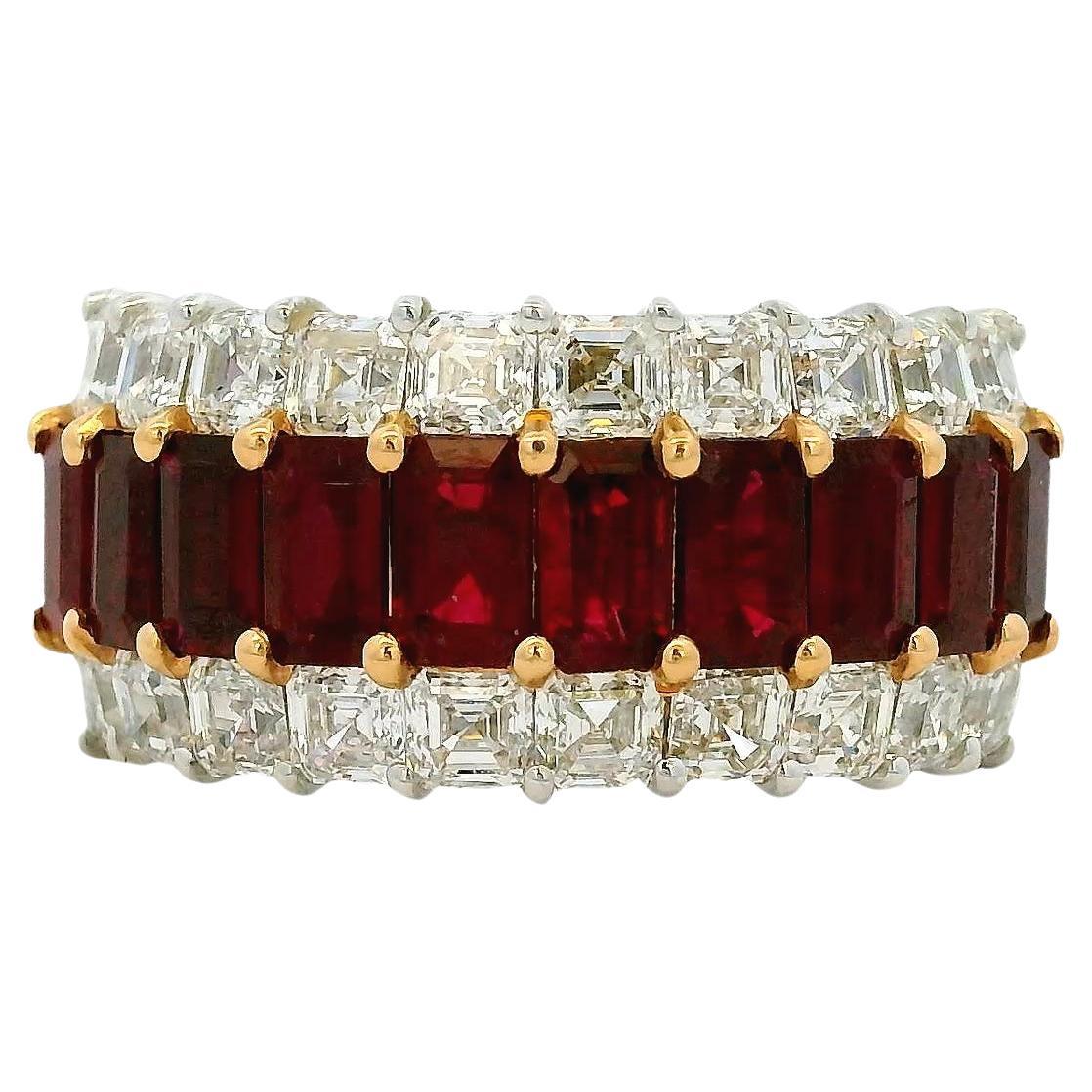 18k Weißgold Rubin & Diamant Dreireihiger breiter Ring im Angebot