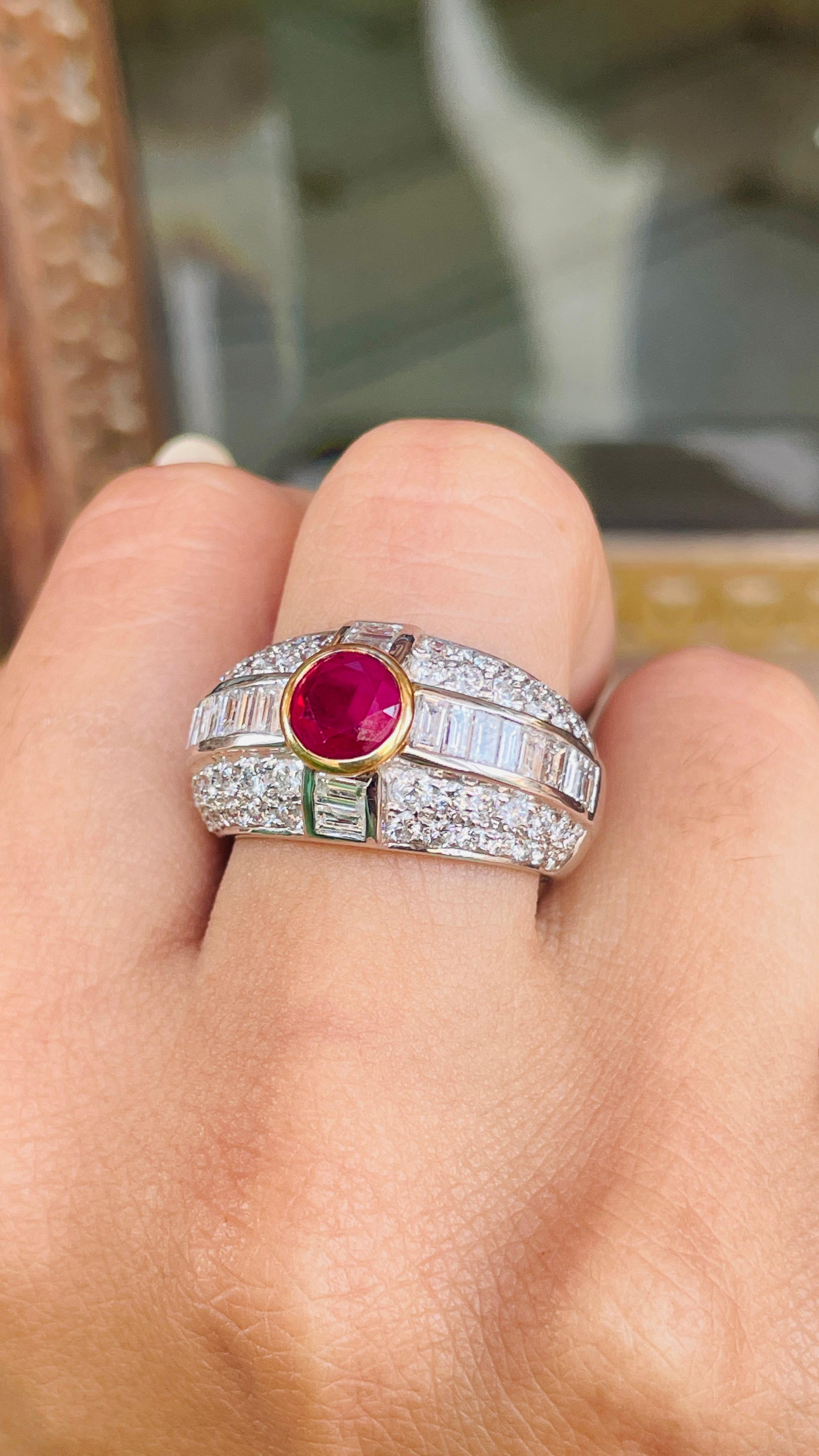 For Sale:  18K White Gold Ruby and Cluster Diamond Cocktail Ring for Wedding 5