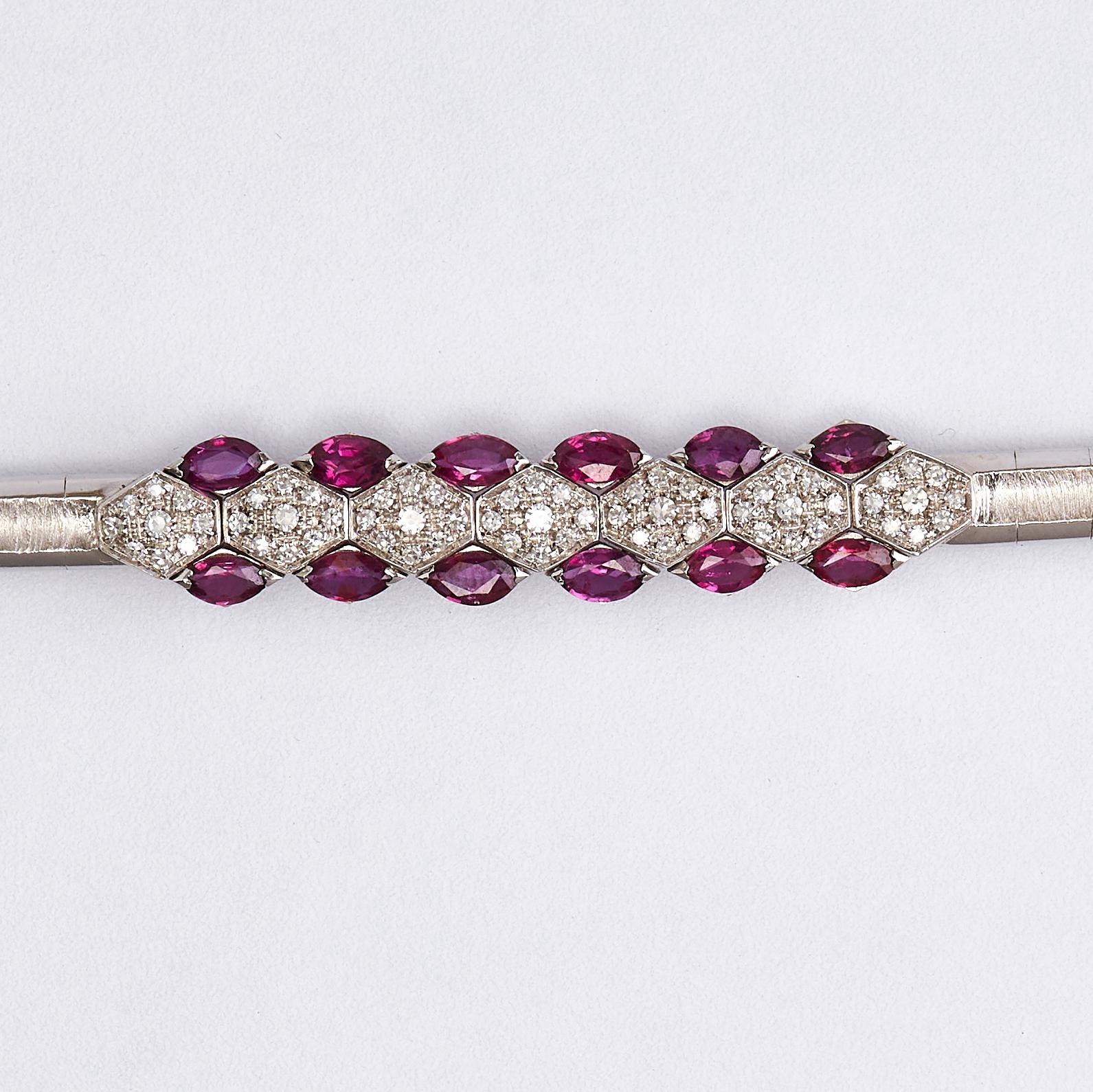 18K White Gold Ruby and Diamond Bracelet 

Stunning modern Ruby and Diamond bracelet.
Set with quality diamonds G VS1 of 2.75 ct and 4.20 ct Ruby. 
Total weight: 23.25 grams. Size: 18 cm